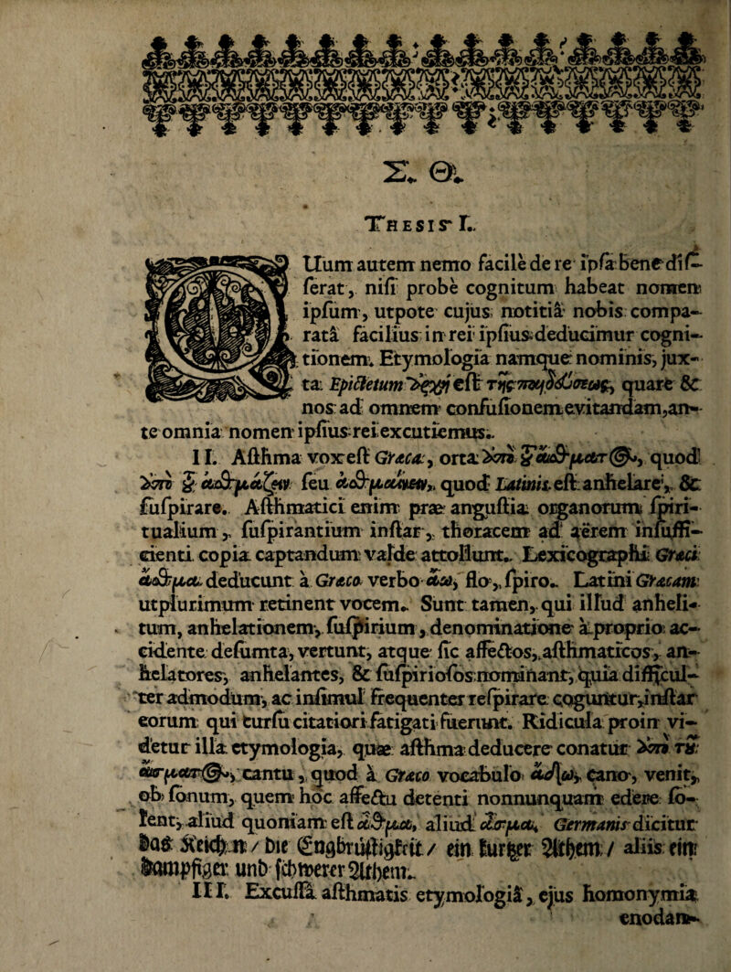 TfiEsirL TTnirr autem nemo facile de re lplabenediC- lw«i, nili probe cognitum habeat nomcir. ipfum, utpote cujus notitia nobis compa¬ rati facilius i n rei; i pfius^deducimur cogni¬ tionem; Etymologia namque: nominis, jux¬ ta Epittetumlfy&jefi Tqendejpdja&ik quare & nos ad; omnem cordufionemevitarrdaTn,an¬ te omnia nomen5 i pluis: rei excutiemus.. IL Afthma voxreft Graea:, orta 'Xvn 5*ettt&fjunr®*) quod 5 cttBrftctQtv. feu quod Latinis. eft anhelare, 8c fufpirare. Afthmatici enim praa anguftia organorum lpiri¬ tualium ,, fufpirantium inftar , thoracem ad aerem infuffi- cienti copia captandum valde attollunt.. LexicograpM Graci a&piCL deducunt a Graea verbo flo,, fpiro- Latini Graeam utpiurimum retinent vocem- Sunt tamen, qui illud anheli-* tum, anhelationem, fufjhrium, denominatione aproprio: ac¬ cidente delumta, vertunt, atque fic affe£los,.aflhmatrcos, ait- hiciatoresv anhelantes, & fulpiricflos nondhant, quia difljcul- ter admodum, ac inlimul frequenter reIpirare QQguntur,inftar eorum qui fcurlu citatiorifatigat i fuerunt. Ridicula proin vi¬ detur illa etymologia, quae afthma deducere conatur rit: cantuquod a Grato vocabulo aJ\oiy cano5, venit* ob> fanum, quem hoc affe&u detenti nonnunquarrr edere fo- fent,.aliud quoniam: eft SiStpuan, aliud usr/xot^ Germanis dicitur i(ekft nv Die Sngbrujtligfrit/ ein turber 2litf)em;/ afiis eim §anipfeer unb febmerer SUbern.. 111. ExculTa afthmatis etymologia, ejus homonymi^ enodans