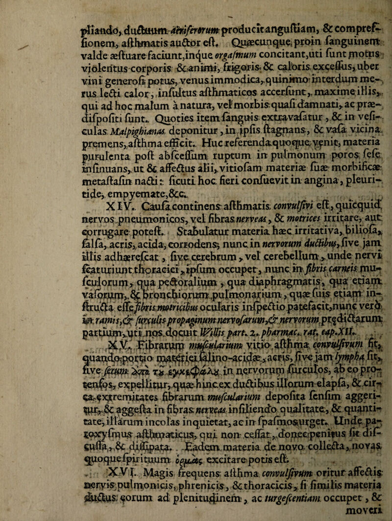 {wrotiucIcAngufti^m, & compreC- fionem, afthmatis audor cft. Quacunque, proin fangumeot valde aefiuare faciunt,inque orgafmum concitant,uti funt protus violentus corporis. Caninii, frigorisi & caloris excefliis,uber vini genero fi po t us,ve n u si m mo d ica r q ui n mtio’ in ter dum me¬ rus ledi calor, infultus afthmaticos accerlunt,, maxime illis*, qui ad hoc malum a natura, vel morbis:quafi damnati, ac prae- difpofiti funt,. Quoties item fanguis extravafatur , & in vefi- culas.MalpigbUnas. deponitur, in iplis fiagnans, & vala vicina, premens,afthma edicit,. Hucreferendaquoque.yfnit, materia p.urulenta pofl abfceffum ruptum in pulmonum poroSv fele infinuans, ut & affedus alii, vitiofam materiae litae morbifkae: metafialin nadi:: ftcuti hoc fieri confuevit in angina, pleuri- tider empyemate,. . . XIV.. Cauli continens afthmaris; convulfivi eft, quicquidr ner vos. pneumonicos, vel fibras , & matrices irritare* aut corrugare potelL Stabulatur materia haec irritativa, biliola, Sila,, acris,,acida, corrodens^ nunc in nervorum duttibu$>Sxvz jam. illis adhaerejCcat, fiye cexebrum > vel cerebellum unde, nervi Icat uri un tt hora cici , rpfum occupet, nunc in fibris carneis; mu- feulorum, qija pedoraliiun , qua diaphragmatis, qua; etiam, etiam in- flruda eSsfiknmmi^Sm ocularis in(pediopatefacit,nunc verh m, ramis9<& (toxuli* propaginumtmvofiarum^nervorum.pt^diCizmni partiumvuti nos,dpcuit Willis parKz.pbArm#c. rat, eap.XIL. , rfebrat^ vmfiuhxrmm vitia aftjima cowuJfivum fit, quan.d.o?pqttao> /wjtah* lymph^Rt» nve jjtim AQrvorutn fuxculos, ab eopro- tenfoSy expdditur,qttae hincex dudibus illorum elapla, & cirn ca^ex^remiutes fibrarum mufcularmn depolita Icnlim aggeri- & ^ggefta in fibras.nerveas infiliendo qualitate, & quanti¬ tate, illarum incolas inquietat, ac in fpalmo&uyget.. Unde pa- toxylmus afthmafticus, qujl non celIat,,don.ecrpenitus fit diP da®pata,. -Eadem, materia. denavocolleda,.nova$, quoquefpijitimm excitarepo tis elh X V f Magis frequens: allhma convulfivum orituraflfedis a^tyi^ pulmoni cis, phrenicis, & thoracicis, fi fimilis materia dkftus, eorum ad plenitudinem, ac turge fi enimn occupet, & moveri