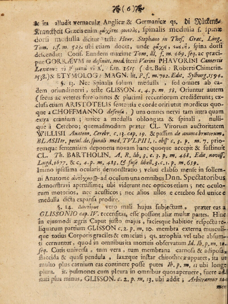 3*(<0?& *• Mc ita alludit yernaculj? Anglicse Zc Germanica? q$♦ M DtUcBctlS^ Sldtlrfbcit Gv#ci$ enim ;-p^Ak» ipinalis medulla f. ipinas •ciorii medulla dicitur ?tefte Henr. Stepham in Thef. Grac. Eing* Tom. i.fi m. f2$* abi etiam elocet, unde fpina doffi fld^endat: Cotif. Eundem maxime Tom. il/, f. m 669. fiq.ac praci- •pue'GORR^VM'in definiu. med. iteni .Fanni PHAVORJNl Camertis Cexicon:: ro'f¥ mrd tk ;&!, f.m. ( dt.Bafii Ro bertiChimerin. ETYMOLOG; MAGN. Iit, P.fi m. 102.Edit. Sylbnrg.i$y4+ $. ij. Nec Spinalis fotum medulla , fed omnes ab ea¬ dem oriundi nervi 3 tefte GLlSSON. s, 4, p. m, j$, Oriuntur autem /fceusac veteres fere omnes .& plurimi reccntiorum crediderunt5 ex- ,clulaettam ARIS TOTELIS Lententia e corde oriri utut mordicus quo¬ que a C.HOFFMANNO de fenfit, J una omnes nervi tam intra quam extra cranium ; unice a medulla oblongata .& fpinali 3 nulli¬ que a Cerebro; quemadmodum prdeter CL. Virorum auctoritatem ILLISl1 Anatem» Cerebr, c.teap, 1 p. & paffim de anima brutorum* BLASlItr. fecul de/fpwah med, TFLPll 1. /. obf]' c, 3. p. m. 7. prio¬ rem que femen tiam deponens novam hanc quoque accepit & fuftinuit CL. Th. BARTHQLIN, A. R. hb. 3. e. 3. p, m. 4-68. Edtt. novtff'» Lugd.1677. & c. 4<f' m* 4*3* (3 fafi tibe/l. 3.0.1. p. m. 6s9♦ Imrao ipltiEma ocularis dcmonltratio s yeluti elabfo menfe in foliem- iii Anatome Gutc^p^ ad oculum una omnibus Dn tu Spectatoribus, demo nitra vi apertiiTimei ubi viderunt nec opticos etiam 3 nec oculo- fum motorios 9 nec acufticos; nec alios ullos e cerebro fed unice e ^medulla didla expanfa prodire. §♦ 14. &iv7$f>e*{ vero mati hujus fubjeciurn ^ praeter eas a. C LISSO NIO -caf. IV* feceniltass dTe' poliunt .alia? multa? partes. Hinc In ejusmodi .aegris Caput jufto -majus * faciesque habitior refpe£tu re¬ liquarum partiam GLlSSON €.2» p. m, iq. -membra externa musculi- que potius Corporis graciles & emaciatis qs< atrophia vel tabe a b fu m— ii cernuntur, quod in omnibus ita mortuis obfervatum m. i#.,, feq. Cutis -tmiverfa tum vera „ tum membrana earnofa ^adipoia,,; 'flaccida & quali pendula * laxaeque inftar cfiirotheciapparet , ita ut multo plus -carnium cas continere poffe putes Ib.p.m.n ubi longe pbra. it. pulmones cum pleura in omnibn? quos aperuere, fuere a<£i' ■®m pius inanus* GLlSSON. €. z, p. m* j$, ubi addit % Arbitramur .m mr