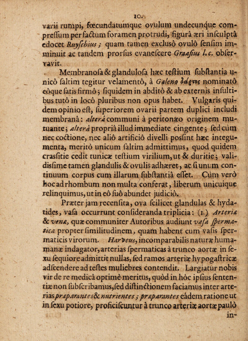 varii rumpi, foecundatumque ovulum undecunque com- preffum per fadtum foramen protrudi, figura aeri infculpta edocet Ruyfehius j quam tamen excluso ovulo fenfim im¬ minuit ac tandem prorfus evanefeere Graafius Lc> obfer- vavit. 'V Membranofa&glandulofa haec teftium fubftantia u- nico faltim tegitur velamento, a Galeno nominato eoque fatis firmo j fiquidemin abdito & ab externis infulti- bus tutoin loco pluribus non opus habet. Vulgaris qui¬ dem opinio eft, fuperiorem ovarii partem duplici includi membrana: alter*communi a peritonaeo originem mu¬ tuante $ altera propria illud immediate cingente j fedcutn nec co&ione, nec alio artificio divelli posfint haec integu¬ menta, merito unicum faltim admittimus, quod quidem crasfitie cedit tunicae teftium virilium, ut & duritie 5 vali- disfime tamen glandulis &ovulis adhaeret , ac fi unum con¬ tinuum corpus cum illarum fubftantia eftet. Cum vero hoc ad rhombum non multa conferat , liberum unicuique relinquimus, ut in eo fuo abundet judicio. Praeter jamrecenfita, ova fcilicet glandulas & hyda- tides, vafa occurrunt confideranda triplicia: (1.) Arteria Scvena, quae communiter Autoribus auditpt V#fa fperma- tica propter fimilitudinem, quam habent cum vafis fper- maticis virorum. Har^ew-, incomparabilis naturae huma- manae indagator, arterias fpermaticas a trunco aortae inle- xu lequiore admittit nullas, fed ramos arteria hy pogaftricae adfcendere ad teftes muliebres con tendit. Largiatur nobis vir de re medica optime meritus, quod in hoc ipfius fenten- tiaenon fubfcribamus,fed diftinftionem faciamusinter arte- riaspraparmtes&c nutrientes ypraparmteseadem ratione ut in fexu potiore, proficifcuntur a trunco arteriae aortae paulo