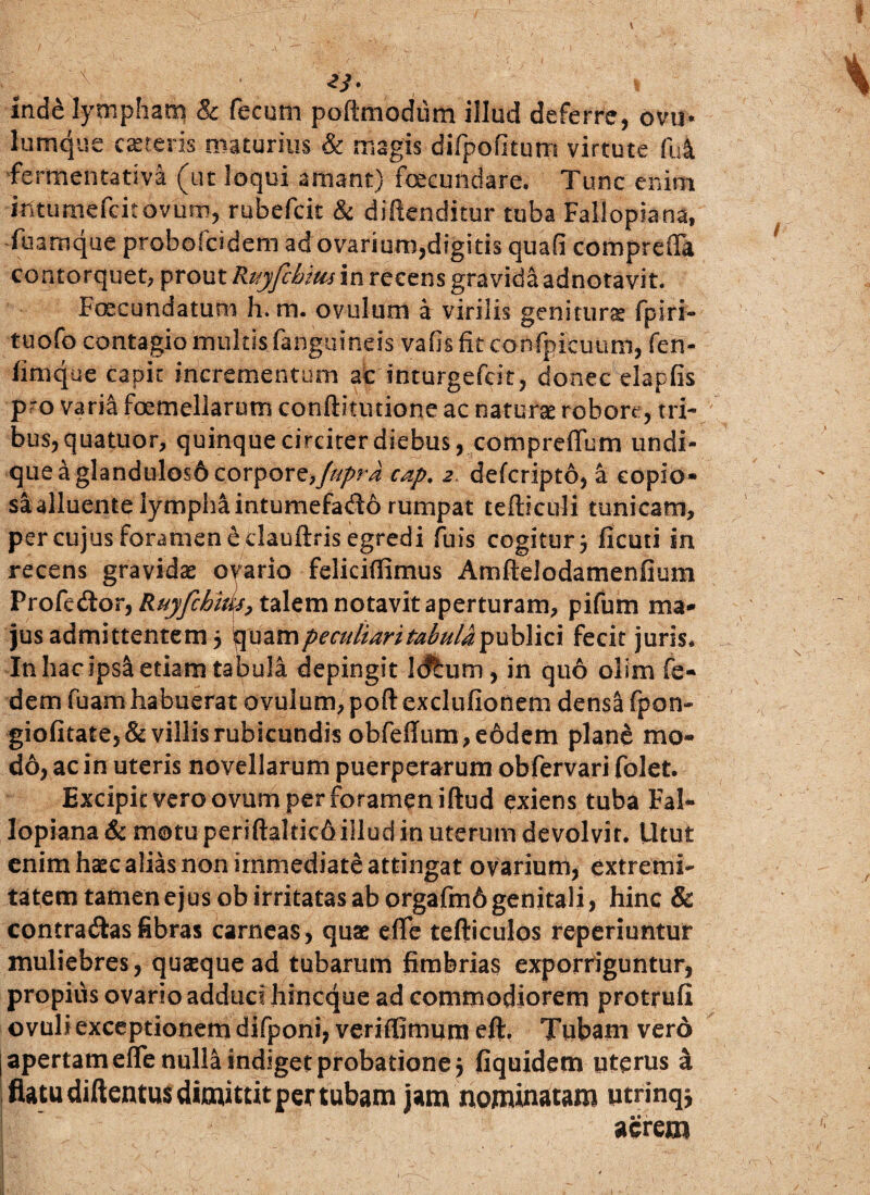 - inde lympham & fecum poftmodiim illud deferre, ovu* lumqiie ceteris maturius & magis difpofitum virtute -fui fermentativa (ut loqui amant) fecundare. Tunc enim intumefcitovum, rubefcit & diftenditur tuba Fallopiana, ili a rn que probofcidem adovarium, digitis quafi comprefia contorquet, prout Ruyjehim in recens gravida adnotavit. Foecundatum h.m. ovulum a virilis genitura fpiri- tuofo contagio multis fanguineis vafis fit confpicuum, fen- iimque capit incrementum ac inturgefeit, donec elapfis pro varia femellarum conftitmione ac natura robore, tri¬ bus, quatuor, quinque circiter diebus, compreftum undi¬ que a glandulos6 corpore,Jupra cap. 2 defcripto, a copio¬ sa alluente lympha intumefado rumpat tefticuli tunicam, per cujus foramen e dauftris egredi fuis cogitur 3 ficuti in recens gravidas ovario feliciffimus Amftelodamenfium Yxofc&.oX)Ruyfchm> talem notavit aperturam, pifum ma¬ jus admittentem 3 v^z.ve\ peculiari tabula publici fecit juris. In hacipsa etiam tabula depingit Idtum, in quo ollm fe- dem fuam habuerat ovulum, poft exclufionem densa fpon- giofitate, &villis rubicundis obfefium, eodem plane mo¬ do, ac in uteris novellarum puerperarum obfervari folet. Excipit vero ovum per foramen iftud exiens tuba Fal¬ lopiana & motu periftaltic6iilud in uterum devolvit. Utut enim haec alias non immediate attingat ovariurri, extremi¬ tatem tamen ejus ob irritatas ab orgafm6 genitali, hinc & contradas fibras carneas, quas efle tefticulos reperiuntur muliebres , quasque ad tubarum fimbrias exporriguntur, propius ovario adduci hincque ad commodiorem protrufi o vuli exceptionem difponi, veriffimum eft, Tubam vero apertam efle nulla indiget probatione 3 fiquidem uterus a flatu diftentus dimittit per tubam jam nominatam utrinq* aerem 1