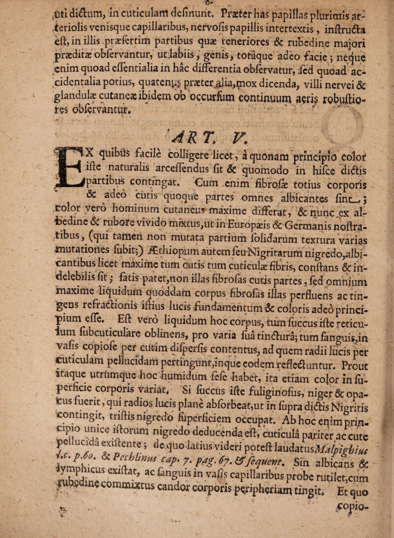 ..Cti di&um, in'cuticulam definunt. Praeter has papillas plurimis ar- ieriolis venisque capillaribus, riervofis papillis intertextis, inflrudla cft, in illis prxfettim partibus quae teneriores & rubedine majori praeditae obfervantur, ut labiis, genis, totaque adeo facie; neque enim quoad effentialia in hac differentia obfervatur, icd quoad ac¬ cidentalia potius, quatenpi praeter jjiia,mox dicenda, villi nervei & glandulae cutanex ibidem ob occurfum continuum aeri* robpftio- ires obfervantur. \ i' * V ' ^ I 1 ‘AR T. V. [ X quibus facile colligere licet, a quonam principio color ille ^naturalis arceUendus fit 6c quomodo in hifce didtis fpartibus contingat. Cum enim Abrqfas totius corporis & adeo cutis quoque partes omnes albicantes fint—# $ eoior yerb hominum cutaneus maxime differat, &nimc,px al- fcedine &! rubore vivido mixtus,ut in Europaeis 8c Germanis noflra- tibus, (qui tamen non mutata partium lolidarum textura varias mutationes fubit;) JEthiopuiTi autem leuNigritarurh nigredo,a!bi- cantibus licet maxime tum cutis tum cuticulae fibris, conflans & in¬ delebilis fit; fatis patet,non illas fibrofis cutis partes, fed omnium inaxime liquidum quoddam corpus flbrofis illas perfluens ac tin¬ gens refradHonis illius lucis fundamentum coloris adeo princi¬ pium effe. Efl: vero liquidum hoc corpus,tumfuccusrfle reticu- ium lubcuticulare oblinens, pro varia fuatindlura; tumfanguisdn vafis copiofe per ciitim difperfis contentus, ad quem radii lucis per Cuticulam pellucidam pertingunt,! n que eodem refleduntur. Prout itaque utrhmque hoc bumldum fefe habet, ita etiam cojpr in fu- perfiae corporis variat, Si fuccus Ifte fuliginofus, niger & opa- fcus fuerit, qui radios lucis plane abforbcat,ut in fupra didlis Nigritis contingit, triflis nigredo feperficiem occupat. Ab hoc enim prin. cuticuM p,riter nc cute 3 ~ i- jt- /• jcMcrif. 0111 aioicans oe iuhcfcrrftat’ ac fdng,uis in va& caPlIlar,bus probe rutilet,cum suhgdine commmus candor corporis peripheriatn tingit. Et quo co fl0‘