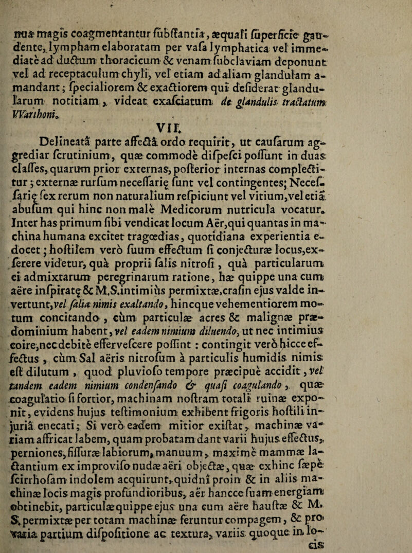 mia* magrs coagmentantur fubflantfa, aequafi Ciperfrcfe gau-- dente, lympham elaboratam per vala lymphatica verimme-^ diatead du^him thoracicam & venam fubclaviam deponuot vel ad receptaculum chyli, vel etiam ad aliam glandulam a- mandant; fpecialiorcm & exactiorem qui dcfiderat glandu- larum notitiam videat exafciatum; de glandulU traSlAtum WarthonL Vir. DelineatI parte affeCii ordo requirit, ut caularum ag^^ grediar fcrutinium, quse commode difpefcipofTunt in duas: clalTes, quarum prior externas, pofterior internas compleCti- tur j externae rurfumnecelTari^ funt vel contingentes; Necell farif fex rerum non naturalium refpiciunt vel vitium,veletia, abufum qui hinc non male Medicorum nutricula vocatur* Inter has primum fibi vendicat locum Aer,qui quantas in ma-* china humana excitet tragoedias, quotidiana experientia e~ docet; hoftilem vero fiium effeCtum (i conjedurae locus,ex- ferere videtur, qua proprii lalis nitrofi , qua particularum ei admixtarum peregrinarum ratione, hae quippe una cum aere infpiratf & M^S.intimiiis permixtae,crafin ejus valde in* vertunt,v^/ filia nimis exaltando^ hincque vehementioremmo* tum concitando , cum< particulae acres & malignae prae- dominium habent jVf/ eadem nimium diluendo^ ut nec intimius coire,necdcbite effervefcere poflint : contingit vero I>icce ef- feClus , cum Sal aeris nitrofum a particulis humidis nimis eft'dilutum , quod pluviofotempore praecipue accidit,ve/ tandem eadem nimium condenfindo & quafi coagulando y quae Goagulatio fi fortior, machinam noftram totali ruinae expo¬ nit, evidens hujus teftimonium exhibent frigoris hoftiii in¬ juria enecati; Si vero eadem mitior exiftat,. machinae va¬ riam affricat labem, quam probatam dant varii hujus effedlus,, pernioneSjfiffurae labiorum,manuum , maxime mammae la- ilantium exim pro vifo nudae aeri objciSae, quae exhinc l«pe fcirrhofam indolem acquirunt^quidni proin & in aliis ma¬ chinae locis magis profundioribus, aer hancce fuamenergiami obtinebit, particulaequippe ejus^ una cum aere hauffae & M. S. permixtae per totam machinae feruntur compagem, taria partium difpofitione ac textura, variis q^uoq^ue ia lo-
