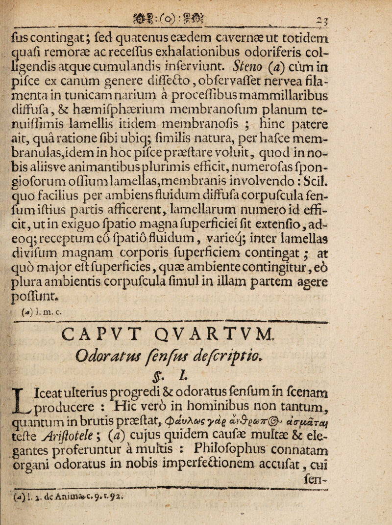 __ ._ fus contingat; fed quatenus eaedem cavernae ut totidem quafi remorae ac receffus exhalationibus odoriferis col¬ ligendis atque cumulandis inferviunt. Stem (a) ciim in pifce ex canum genere difTeftO jObfervafletnerveafila- mentain tunicam narium a proceflibus mammillaribus diffufa. St haemifphaerium membranofum planum te¬ nui ffimis lamellis itidem membranofis ; hinc patere ait, qua ratione fibi ubiq; fimilis natura, per hafce mem¬ branulas,ideminhocpifcepraeftare voluit, quod inno¬ bis aliisve animantibus plurimis efficit, numerofasfpon - gioforum offiumlamelias,membranis involvendo: Scii, quo facilius per ambiens fluidum diffufa corpufcula fen- fum illius partis afficerent, lamellarum numero id effi¬ cit, ut in exiguo fpatio magna fuperficiei fit extenfio, ad- eoqj receptum eo fpatio fluidum, varieq; inter lamellas divifiim magnam corporis fuperficiem contingat; at quo major eft fuperficies, quae ambiente contingitur, e6 plura ambientis corpufcula fimul in illam partem aeere polTunt. {a) 1. m. C. ” 'c A P V T Q V aYt V m“ ” Odaratm fenfm de/criptio, L Liceat ulterius progredi & odoratus fenfum in fcenam producere : Hic verb in hominibus non tantum, quantum in brutis praeftat, 0dvXus y<ig dtrftaTcq tefte Arifiotele 5 (4) cujus quidem caufae multae & ele¬ gantes proferuntur a multis : Philofophus connatam organi odoratus in nobis imperfeflionem accufat, cui fen- --' ... ' ■ i .. ..