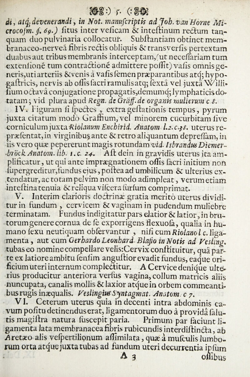 ii, atq; devenerandi, in Not. manufcriptis ad Joh. van Home AH- crocojm. /. 6g.) fitus inter veiicam & intefiinum redtum tan- quam duo pulvinaria collocatur. Subftantiam obtinet mem- branaceo-nervea fibris redis obliquis & transverfis pertextam duabus aut tribus membranis interceptam,(ut necefiariam tum exteniione tum contradtione admittere polfit) valis omnis ge- neris,uti arteriis &venis a vafis femen praeparantibus atq; hypo- gaftricis, nervis ab ollis (acri ramulis atq; fexta vel juxta W ilii- fium octava conj ugatione propagatis,demumq; lymphaticis do¬ tatam ; vid plura apud Regn. de Grajf. de organis mulierum c 8. IV. 1 i guram fi (pectes , extragefiationis tempus, pyrum juxta citatum modo Graffium, vel minorem cucurbitam five corniculum juxta 'Riolanum Enchirid, Anatum l.a.c.^s. uterus re- praefentatfin virginibu^ante & retro aliquantum deprefiam, ia iis vero quae pepererunt magis rotundam vid. librandus Diemer- ■brock Anatoni, lib. i. c. 24. A fi dein in gravidis uterus ita am¬ plificatur, ut qui ante impraegnationem offis (acri initium non fupergreditur,fundus ejus,pofiea ad umbilicum & ulterius ex¬ tendatur, ac totam pelvim non modo adimpleat, verum etiam intefiina tenuia & reliqua vficera (urfum comprimat. V. Interim clarioris dodtrinae gratia merito uterus dividi¬ tur in fundum , cervicem & vaginam in pudendum muliebre terminatam. Fundus indigitatur pars elatior & latior, in bru¬ torum genere cornua de (e exporrigens flexuola, qualia in hu¬ mano fexu neutiquam obiervantur , nifi cum Riolaml c. litta- menta, aut cum Gerbardo Leonhard Blafio in Notk ad Fesltng. tubas eo nomine compellare velis:Cervix conftituitur, qua par¬ te ex latiore ambitu fenfim anguftior evadit fundus, eaque ori¬ ficium uteri internum compledfitur. A Cervice denique ulte¬ rius producitur anteriora verius vagina, collum matricis aliis nuncupata, canalis mollis & laxior atque in orbem commeanti¬ bus rugis inaequalis. Veslingius Syntagmat. Anatom. c 7. VI. Ceterum uterus quia in decenti intra abdominis ca¬ vum pofitu detinendus erat, ligamentorum duo a provida (alu¬ tis magifira natura fuscepit paria. Primum par faciunt li¬ gamenta lata membranacea fioris rubicundis interdiftindfa, ab Aretaeo alis vefpertilionum affimilata, quae a mufculis lumbo¬ rum orta atque juxta tubas ad fundum uteri decurrentia * ~