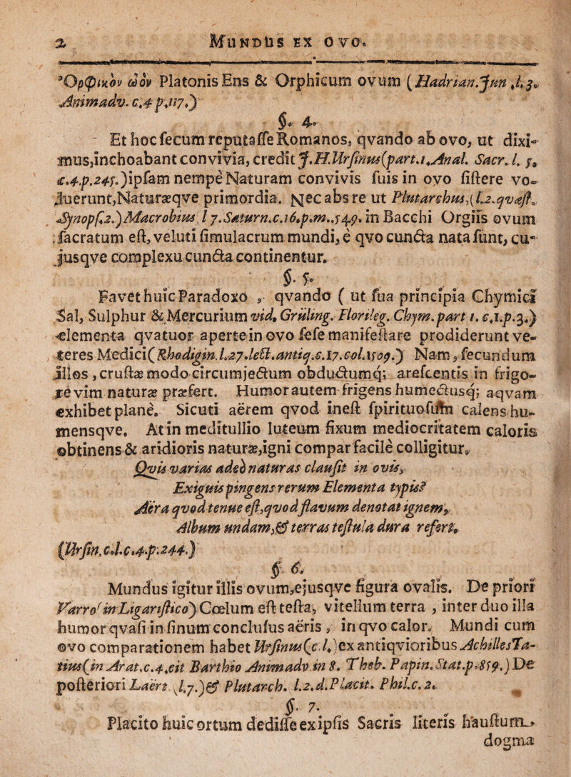 fcfUNDtlS EX om % m m. i miuiiifw——e—ai 1,1111 1 1 ■■■' > jirtaBMaMg^aitf^iiM ‘r's****a*-+-—nmumn* m—m 'OPpmbv dov Platonis Ens & Orphicum ovum {Hadrian.Jtm ,4^ Aimadv. ct4p'J?7*) 4”' Et hoc fecum reputaffe Romanos, qvando ab ovo, ut dixi- imus,inchoabant convivia, credit J.H.Urfmus{part\i4Anal Sacr. I. /a c.#./?.a*;.)ipfam nempe Naturam convivis fuisinoyo fiftere vo® fuerunt,Naturaeqye primordia, fqecabsre ut Plutarehus^U.qva/f, <Synopf<2.) Macrobius[ l y.Samrnx.i6tptm..f^ in Bacchi Orgiis ovum ;facratum e&velurifimulacrum mundi, e qvo eunda natafunt,cu* jusqve complexu eunda continentur. §• 5° a Favet huic Paradoxo qvando ( utfu-a principia Chymici Sal, Sulphur & Mercurium vtd9 Griiling. Flonleg. Ckym.part /. c.i.p.%1) -elementa qvatuor aperteinovo fefe mani-feftare prodiderunt ve» teres Medicl^Rhcdigm.layJePt.antiq.c.iy.coLijo^.') Na-m, fecundum illos jCruftse modo circumjedum obdudumq; arefeentis in frigo» ire vim natura praefert. Humor autem frigens hume&usq; aqvam exhibet plane. Sicuti aerem qvod inefl fpirituofiftn calens hu» mensqve. At in meditullio luteum fixum mediocritatem caloris ©btinens & aridioris naturae,igni compar facile colligitur» Quis varias adunaturas claufit in ovis? Exiguis pingens rerum Elementa typis/ Aera qvod tenue efl.qvodflavum denotat ignem» Album undam $ terras teftula dura referi Qtrfin. cJ.C>4-p‘ H*); Mundus igitur illis ovum.ejusqve figura ovalis. De priori FarrofmLigartfttcoyC&Aum efl tefta, vitellum terra , inter duo illa humor qvafi in fimimconcluius aeris , in qvo calon Mundi cum ©vo comparationem habet Hrjinus(^c. Ifex &ntiqvioribus AcbtllesTa- tius(in Arat>c*4.%cit Bafthio Ammadv tn 8* Thsb. Papin.$tdt.p>8t?,)D€ pofteriori Laen Plutareh. Lz.d.Placit. Phile. 2.. ^ §• 7. Placito huic ortum dediffeexipfe Sacris literis haufiunk* dogma