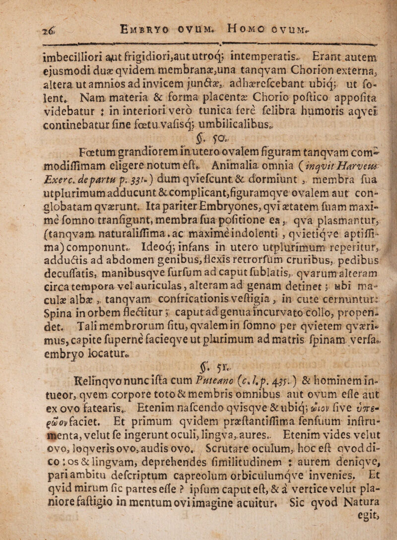 Embryo ovum, Homo ovum». 3L& .1UM '• mmem—mt** — **» ' >■ ' '** 'nrp' ,|M» * *-JJOrt>a Ll ff *  IM^ j, WiiiimiH «MMK*s»c«iiviia«H mih i»i (nvia i u mr,1*** !■■■■■» i m imbecilliori a^t frigidiori,aut utroq; intemperatis» Erant autem ejusmodi du^qvidem membrana?,una tanqvam Chorion externa^ altera ut arnnios ad invicem junda?, adhserefcebant ubiq; ut fo- lent. Nam materia & forma placentae Chorio poftico appofita videbatur t in interiori vero tunica fere felibra humoris aqyel continebatur fine foetu vafisq;, umbilicalibus,, §- f<?- Foetum grandiorem in utero ovalem figuram tanqvam com¬ modi fii tuam eligere notum eft* Animalia omnia (inqvit Harvem Exerc. departu p 331*) dum qviefcunte dormiunt membra fua utplurimum adducunt&complicant,figuramqve ovalem aut con¬ globatam qva?runt Ita pariter Embryones, qvi a?tatem fuam maxi¬ me fomno tranfigunt, membra fua pofitione ea, qva plasmantur, (tanqvam naturalifiima ,ac maxime indolenti , qvietiqve aptifii- ma) componunto Ideoqy infans in utero utprurimum repentur, addudis ad abdomen genibus, flexis rerrorfum cruribus, pedibus decufiatis, manibusqve furfum ad caput fublatis,. qvarum alteram circa tempora vel auriculas, alteram ad genam detinet} Hbl ma- cula? alba? „ tanqvam confricationis veftigia, in cute cernuntur: Spina in orbem fleditur;; caput ad genua incurvatocollo, propen¬ det. Tali membrorum fitu, qvalem in fomno per qvietem qva?ri- mus, capite fuperne facieqve ut plurimum ad matris fpinam verfa9, embryo locatur* $• 5r- Relinqvo nunc ifta cum Futeano (cJ.p. 4^..) & hominem in¬ tueor, qvem corpore toto & membris omnibus aut ovum cfle aut ex ovo fatearis,. Etenim nafcendo qvisq.ve &ubiq; mov five vive* guovfaciet. Et primum qvidem pra?ftantifiima fenfuum inflru- menta, velut fe ingerunt oculi, Iingva,.aures«, Etenim vides velut ovo, loqveris ovo, audis ovo. Scrutare oculum, hoc eft csvoddi¬ co ; os &lingvam, deprehendes fimilitudinem : aurem deniqve, pari ambitu defcriptum capreolum orbiculumqve invenies. Et qvid mirum fic partes efie ? ipfum caput eft, & a vertice velut pla¬ niore.faftigio in mentum ovi imagine acuitur. Sic qvod Natura