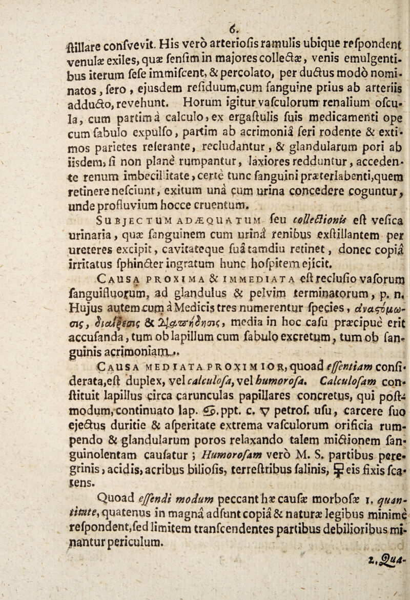 ftillare confvevit. His vero arteriolis ramulis ubique refpondent venui» exiles, qu» fenfim in majores colled», venis emulgenti¬ bus iterum fefe immifcent, & percolato, per dudus modo nomi¬ natos , fero , ejusdem refiduum,cum fanguine prius ab arteriis adduco, revehunt. Horum igitur vafculorum renalium ofcu- la, cum partima calculo»ex ergaftulis fuis medicamenti ope cum fabulo expulfo, partim ab acrimonia feri rodente & exti¬ mos parietes relerante, recludantur, & glandularum pori ab iisdem, fi non plane rumpantur, laxiores redduntur, acceden¬ te renum imbecillitate»certe tunc fanguiniprsterlabenti,quem retinere nefciunt, exitum una cum urina concedere coguntur, unde profluvium hocce cruentum. Subjectum adaequatum feu toUtBionU eft vefica urinaria, qu» flmguinem cum urind renibus exftillantem per ureteres excipit, cavitateque fua tamdiu retinet, donec copi| irritatus fphin<Ser ingratum hunc hofpitem ejicit. Causa proxima & immediata eftreclufioyaforum fanguifluorum, ad glandulas & pelvim terminatorum, p. n, Hujus autem cum a Medicis tres numerentur fpecies, dvagvfiai' <ng, hcclfmg 8c Ul&i&ritintng > media in hoc cafu pr»cipue erit accufanda, tum ob lapillum cum fabulo excretum, tum ob fan- guinis acrimonianv,. Causa med iata proxi m i or, quoad t/fcwijm confi- derata,eft duplex, vel calculofa, vel humor ofa. Calculofam con* ftituit lapillus circa carunculas papillares concretus, qui poft- modum, continuato lap. £p.ppt. c. v petrof. ufu , carcere fuo ejeQus duritie & afperitate extrema vafculorum orificia rum¬ pendo & glandularum poros relaxando talem mirionem fan* guinolentam caufatur; Humorofam vero M. S. partibus pere» grinis, acidis» acribus biliofis, terreftribus falinis, !$? eis fixis fca* iens. Quoad ejjendi modum peccant h» cauf» morbof» i» quan¬ titate > quatenus in magna adfunt copia & natur» legibus minime refpondent,fed limitem tranfcendentes partibus debilioribus mi- jnantur periculum. Z,^U4- ) /