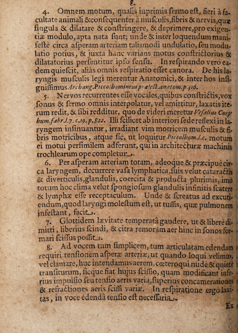 A 4. Omnem motum, qualis imprimis ferino eft, Heri a fa¬ cultate animali Stconfequenter a mufculis,fibris 8t nervis,qux lingula 8t dilatare & CGnftringere, & deprimere,pro exigen¬ tia modulo, apta nata funt; unde & inter loquendum mani- fefte circa afperam arteriam talismodi undulatio, feu modu¬ latio potius , & juxta hanc varians motus conftridtorius & dilatatorius perfentitur ipfo fenfu. In refpirando vero ea* dem quiefcit, alias omnis refpiratio effet canora. De bis Ia, Fyngis mufculis legi merentur Anatomici, 8t inter hos inii, gniftxFmisdrcbang.Ptccolhomineiii prgleEl.avjtom.p.pi. 5. Nervos recurrentes ede vocalcs,quihus conftridds/vox fonus St fermo omnis interpolatur, vel amittitur, laxatis ite¬ rum redit. St libi redditur, quo de videri meretur Vefatim Coyp> ham.fabr.l.y. c.ip. p.Su. Illi fcilicet ab interiori fede reflexi in la¬ ryngem inftnuantur, irradiant vim motricem mufculis St fi, bris motricibus, atque fic, ut loquitur pHcolbom.l.c, motum ei motui perftmilem adferunt, qui in architectura: machinis trochlearum ope completum*. 6. Per afperam arteriam totam, adeoque 8t pr^cipue cir» ca laryngem, decurrere vafa lymphatica,fuis velut cataradiis St diverticulis,glandulis, coercita St produdia plurimis, imo totum hoc clima velut fpongiofum glandulis infinitis fcatere St lymphae ede receptaculum. Unde & fcreatus ad excuti- endum,quodlaryngi mcleftum eft, ut tuffis, quae pulmonem jnfeftant, facite. 7. Glottidem laevitate temperata gaudere, ut 8t libere di, mitti, liberius fcindi, & citra remor/un aer hmc in fonos for¬ mari fciuus poilitLj. _ ;||| 8. Ad vocem tum fimplicem, tum articulatam edendam 1 requiri tenfionemafperaj arteriae, ut quando loqui velimus, vel clamare, huc intendamus aerem, coeterqquinudeSt quiete tranfxturum, ile que fiat hujus fciffio, quam modificant infe- - rius impulfio feutenilo aeris varia,fliperius concamerationes 1 & refradftpnes aeris fciffi variae. In refpirqtione ergo laxi- ■ tas, in voce edenda teufio eft necefllria_>* ^ . Ext •«*