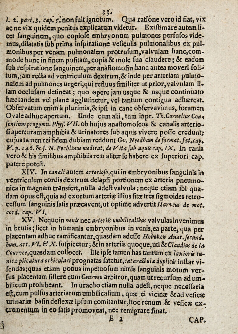 - , ■ - - J. i. part.s. cap. f. non fuit ignotum. Qua ratione vero id fiat, vix ac ne vix quidem penitus explicatum videtur. Exiftimarc autem li¬ cet fanguinem, quo copiofe embryonum pulmones perfufos vide- mus,dilatatis fub prima infpiratione veficulis pulmonalibus ex pul¬ monibus per venam pulmonalem protrufum,valvulam hanc,com¬ mode hunc in finem politam, copia & mole fua claudere; & eadem fub refpirationc fanguinem,per anaftomofin hanc antea moveri foli- tum, jam reda ad ventriculum dextrum,& inde per arteriam pulmo¬ nalem ad pulmones urgeri,qui refluus fimiliter ut prior,valvulam il¬ lam occlufam detineat; quo epere jam usque & usque continuato haec tandem vel plane agglutinetur, vel tantum contigua adhaereat. Obfervatumenimaplurimis,&ipfi in cane obfervavimus, foramen Ovale adhuc apertum. Unde cum alii, tum ifipr. Th.Cornelius Com fentinusprogymn. Phyf. VILob hujus anaftomofcos & canalisartcrio- fi aperturam amphibia & urinatores fub aquis vivere polfe credunt; cujus tamcnrci fidem dubiam reddunt Gv. Needbam de format.f&t.cap* V. p. 146. &/. X. Pechlinns meditat, detrita fub aquis cap. IX. In ranis vero & his fimilibus amphibiis rem aliter fe habere ex fuperiori cap» patere poteft. ^ XIV. In canali autem arteriofo,qui in embryonibus fanguinis In ventriculum cordis dextrum delapli portionem ex arteria pneumo¬ nica in magnam transfert, nulla adeft valvula; neque etiam ibi qua¬ dam opus eft,quia ad exortum arteriae illius litte tres ligmoides retro- celTum fanguinis fatis praecavent,ut optime advertit Harveus de mot. cord. cap. VI. XV. Neque in venis nec arteriis umbilicalibus valvulas invenimus in brutis; licet in humanis embryonibus in venis,ea parte, qua per placentam adhuc ramificantur,quasdam adefie Hobtken Anat.fecund. Ium. art. VI. &X. fufpicetur; &in arteriis quoque,uti & Claudius de la Courvee,quasdam collocet. Ille ipfe tamen has tantum ex laxioris tu¬ nica plicatura orbiculari prognatas fatetur,cataraftuU duplicis inftar vi- fendasjquas etiam potius impetuofum rtimis fanguinis motum ver- fus placentam lifterc cum Ceurveo arbitror,quam utrecurfum ad um¬ bilicum prohibeant. In uracho etiam nulla adeft, neque ncceffaria cft,cum pulfus arteriarum umbilicalium, qute ei vicinte Scadvelica urinaria balin deflexae ipfum comitantur,hoc renum & vefics ex¬ crementum in co fatis promoveat, nec remigrare linat. CAP.