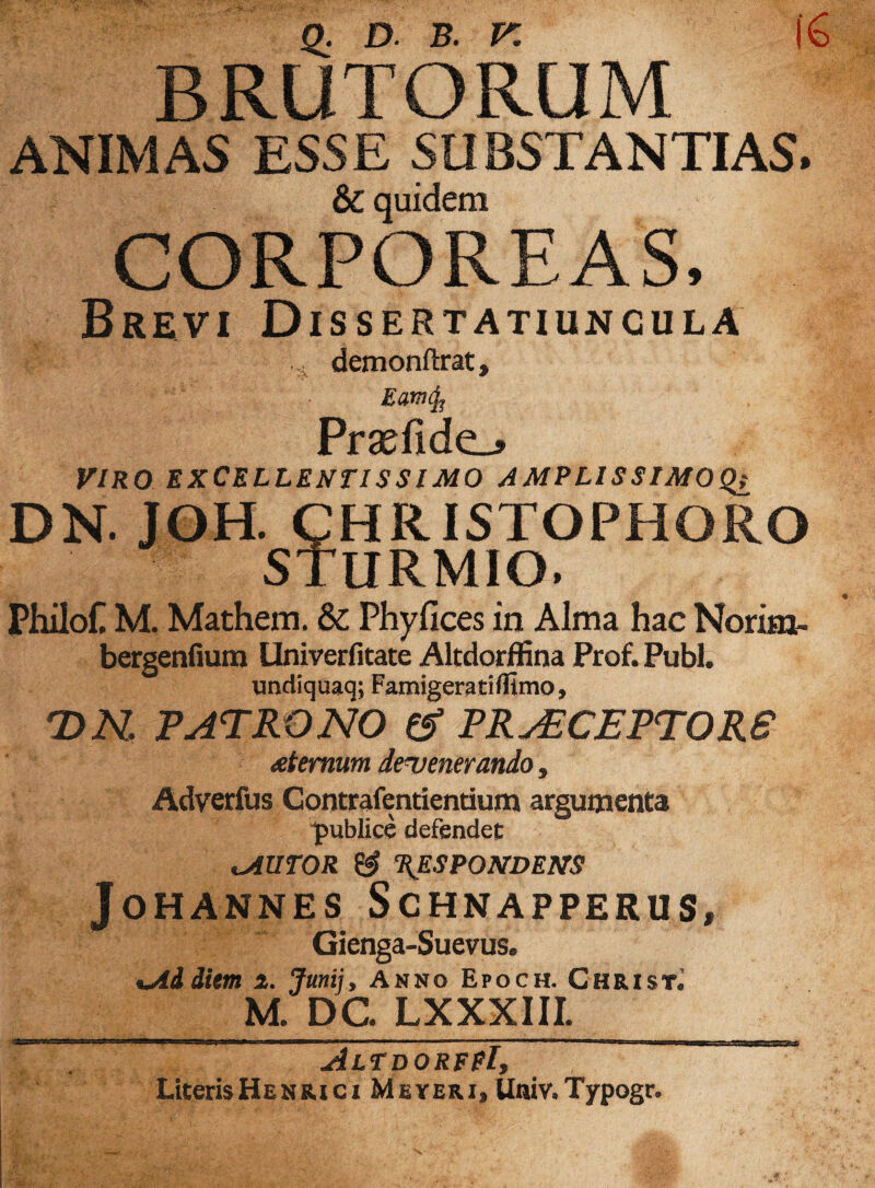 Q. D. B. V. !<o BRUTORUM ANIMAS ESSE SUBSTANTIAS. & quidem CORPOREAS, Brevi Dissertatiuncula Ai ^ demonftrat. Eam Prsefidc-» VIRO EXCELLENTISSIMO AMPLISSIMO^ DN. JOH. CHRISTOPHORO STURMIO. Philof M. Mathem. & Phyfices in Alma hac Norim- bergenfium Univerfitate Altdorffina Prof. Pubi, undiquaq; Famigeratiflimo, T>N. PATRONO & PRABCEPTORS atemum devenerando, Adverfus Contrafentientium argumenta ^publice defendet iAUTOR & 'RESPONDENS JOHANNES ScHNAPPERUS, Gienga-Suevus. «.Ai diem i. Junij, Anno Epoch. Christ. M. DC. LXXXIII. j4ltdorfpI,