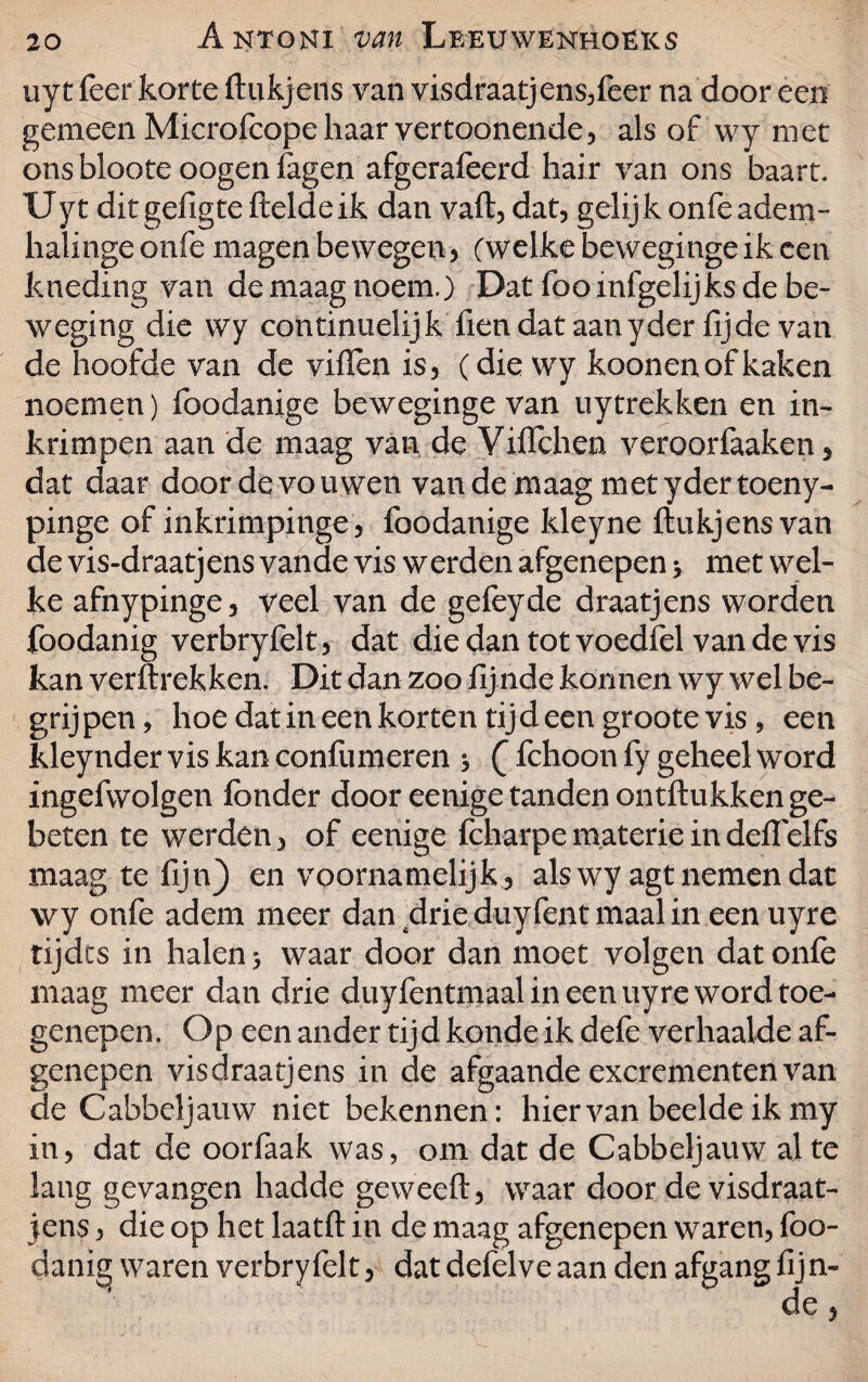 uy t feer korte ftukjens van visdraatjens,feer na door een gemeen Microfcope haar vertoonende, alsof wy met onsblooteoogenfagen afgerafeerd hair van ons baart. XJyt ditgefigtefteldeik dan vaft, dat, gelijk onfeadem- halinge onfe magen bewegen , (welke beweginge ik een kneding van de maag noem.) Dat foo mfgelijks de be¬ weging die wy continuelijk fiendataanyderfijde van de hoofde van de villen is, (die wy koonen of kaken noemen) foodanige beweginge van uytrekken en in¬ krimpen aan de maag van de Viflchen veroorfaaken, dat daar door de vouwen van de maag metydertoeny- pinge of inkrimpinge , foodanige kleyne ftukjens van de vis-draatjens vande vis werden afgenepen y met wel¬ ke afnypinge, veel van de gefeyde draatjens worden foodanig verbryfelt, dat die dan tot voedfel van de vis kan verftrekken. Dit dan zoo lijnde konnen wy wel be¬ grijpen , hoe dat in een korten tijd een groote vis, een kleynder vis kan confumeren j Q fchoon fy geheel word ingefwolgen fonder door eenige tanden ontftukken ge¬ beten te werden, of eenige fcharpe materie in delïelfs maag te fijn) en voornamelijk , als wy agt nemen dat wy onfe adem meer dan drie duyfent maal in een uyre tijdts in halen > waar door dan moet volgen dat onfe maag meer dan drie duyfentmaal in een uyre word toe¬ genepen. Op een ander tijd konde ik defe verhaalde af¬ genepen visdraatjens in de afgaande excrementen van de Cabbeljauw niet bekennen: hiervan beeldeikmy in, dat de oorfaak was, om dat de Cabbeljauw al te lang gevangen hadde geweeft, waar door de visdraat¬ jens , die op het laatft in de maag afgenepen waren, foo- dani^ waren verbryfelt, dat defelve aan den afgang fijn-