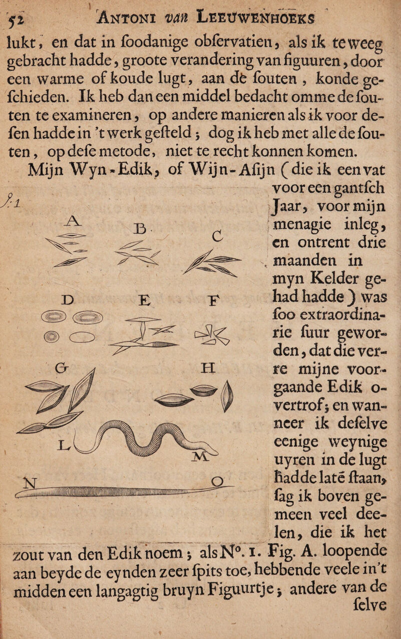 lukt, en dat in foodanige obfervatien, als ik teweeg gebracht hadde, groote verandering van figuuren, door een warme of koude lugt, aan dfc fouten , konde ge- fchieden. Ik heb dan een middel bedacht omme de fou¬ ten te examineren, op andere manieren als ik voor de- fen hadde in ’t werk gefield} dog ik heb met alle de fou¬ ten, opdefemetode, niet te recht konnen komen. Mijn Wyn-Edik, of Wijn-Afijn (die ik een vat voor een gantfch A. B C v O-' Jaar, voor mijn ; menagie inleg, cn ontrent drie , maanden in myn Kelder ge¬ had hadde ) was foo extraordina- rie fiiur gewor¬ den , dat die ver¬ re mijne voor¬ gaande Edik o- vertrof; en wan¬ neer ik defolve eenige weynige uyren in de lugt hadde late ftaan» lag ik boven ge¬ meen veel dee- _ len, die ik het zout van den Edik noem > alsN0. iï Fig. A. loopende aan beyde de eynden zeer fpits toe, hebbende veele in’t midden een langagtig bruyn Figuurtje * andere van de felve