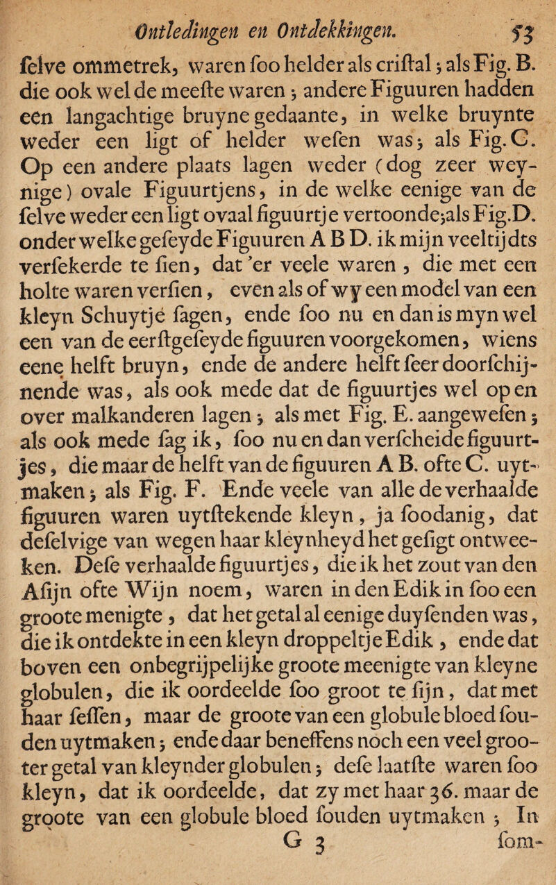 felve ommetrek, waren foo helder als criflal * als Fig. B. die ook welde meefte waren * andere Figuuren hadden een langachtige bruynegedaante, in welke bruynte weder een ligt of helder wefen was> als Fig.G. Op een andere plaats lagen weder (dog zeer wey- nige) ovale Figuurtjens, in de welke eenige van de felve weder een ligt ovaal figuurtje vertoondejalsFig.D. onder welke gefeydeFiguuren A B D. ik mijn veeltijdts verfekerde te fien, dat ’er veele waren , die met een holte waren verfien, even als of wy een model van een kleyn Schuytjé fagen, ende foo nu en dan is myn wel een van de eerftgefèyde figuuren voorgekomen, wiens eene helft bruyn, ende de andere helft fèerdoorfchij- nende was, als ook mede dat de figuurtjes wel open over malkanderen lagen •, als met Fig. E. aangewefen 5 als ook mede fag ik, fbo nu en dan verfcheidefiguurt¬ jes , die maar de helft van de figuuren A B. ofte C. uyt-> maken} als Fig. F. Ende veele van alle de verhaalde figuuren waren uytftekende kleyn, jafoodanig, dat defèlvige van wegen haar kley nheyd het gefigt ontwee- ken. Defe verhaalde figuurtjes, die ik het zout van den Afijn ofte Wijn noem, waren in den Edik in fbo een groote menigte, dat het getal al eenige duyfenden was, dieikontdekteineenkleyndroppeltjeEdik, endedat boven een onbegrijpelijke groote meenigte van kleyne globulen, die ik oordeelde fbo groot te fijn, dat met haarfeflèn, maar de groote van een globule bloed fbu- den uytmaken; ende daar beneffens noch een veel groo- ter getal van kleynder globulen; defèlaatfte waren fbo kleyn, dat ik oordeelde, dat zy met haar 36. maar de groote van een globule bloed fouden uytmaken ; In G 3 fora-