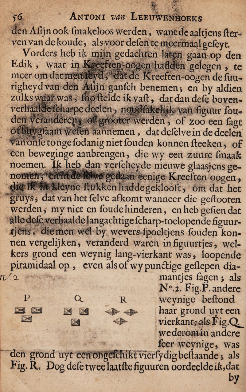 den Afij n ook fmakdoos werden, want de aaltj ens fter- ven van de koude, als voor defen te meermaal gefèyt. Vorders heb ik^mijn, gedachten lalgn gaan. op den Edik, waar it|' ” . meer om dat rsjlpde Kreeften-oogen de fuu- righeydvan dèn Afijn ganfch benemen} en by aldien zulks wgat was, foo ftelde ik vaft, dat dan dele boven¬ verhaalde fcharpe deden, n - Lk• • hi*. ■ 4b. ■» Yan figuur fou- den veranderen of grooter Werden, of zoo een fagt faam Wéfèh aahnemen, datdefelveindedeelen tahonfe tonge fodanig niet fouden konnen fteeken, of een bevveginge aanbrengen, die wy een zuure finaak noemen. Ik heb dan verfcheyde nieuwe glaasjensge- - ' Kreeften oogen, legeklooft, om dat het grays j dat van het felve afkomt wanneer die geftooten werden, my niet en foude hinderen, en heb gefien dat alle defe verhaalde langachtige fcharp-toelopende figuur- tjëhs, die men wd by wevers fpoeltjens fouden kon¬ nen vergelijken, veranderd waren in figuurtjes, wel¬ kers grond een weynig lang-vierkant was, loopende piramidaal op , even alsof wypundige geflepen dia- mantjes lagen; als N°.2. Fig.P. andere CL R weynige beftond _ _m haar grond uy t een ® M <► vierkant,-als Fig.Q_ wederom in andere feer weynige, was den grond uyt een ofigdcliikt vierfydig beftaande; als Fig. R, Dog ddè twee laatfte figuuren oordeelde ik,dat