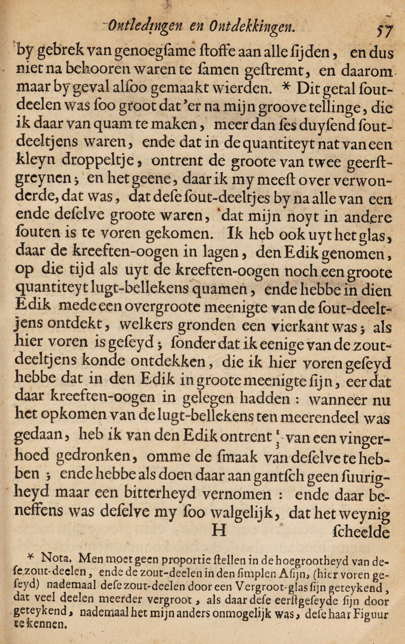 by gebrek van genoeglamë ftoffe aan alle lijden, en dus niet na bekooren waren te famen geftremt, en daarom maar by geval alfoo gemaakt wierden. * Dit getal fout- deelen was foo groot dat ’er na mijn groove tellinge, die ik daar van quam te maken, meer dan fes duylènd fout- deeltjens waren, ende dat in dequantiteytnatvaneen kleyn droppeltje, ontrent de groote van twee geerft- greyncn j en het geene, daar ik my meelt over verwon¬ derde, dat was, dat delèlöut-deeltjes by na alle van een ende delèlve groote waren, ‘dat mijn noyt in andere fouten is te voren gekomen. Ik heb ook uyt het glas, daar de kreeften-oogen in lagen, den Edik genomen, op die tijd als uyt de kreeften-oogen noch een groote quantitey t lugt-bellekens quameh, ende liebbe in dien Edik mede een overgroote meenigte van de fout-deelt- jens ontdekt, welkers gronden een vierkant was; als hier voren isgelèydj Ibnderdatikeenigevandezout- deeltjens konde ontdekken, die ik hier voren gelèyd hebbe dat in den Edik in groote meenigte lijn, eerdat daar kreeften-oogen in gelegen hadden : wanneer nu het opkomen van de lugt-bellekens ten meerendeel was gedaan, heb ik van den Edik ontrent j van een vinger¬ hoed gedronken, omme de fmaak van defelve te heb¬ ben } ende hebbe als doen daar aan gantlch geen lïiurig- heyd maar een bitterheyd vernomen : ende daar be- neffens was delèlve my lbo walgelijk, dathetweynig H fcheelde * Nota* Men moet geen proportie ftellen in de hoegrootheyd van de- fe.zout-declen 3 ende de zout-deelen in den fimplen Afijn, (hier voren ge- feyd) nademaal defezout-deelen dooreen Vergroot-glasfijn geteykend 3 dat veel deelen meerder vergroot, als daar defe eerdgefeyde fijn door geteykend, nademaal het mijn anders onmogelijk was, defe haar Figuur