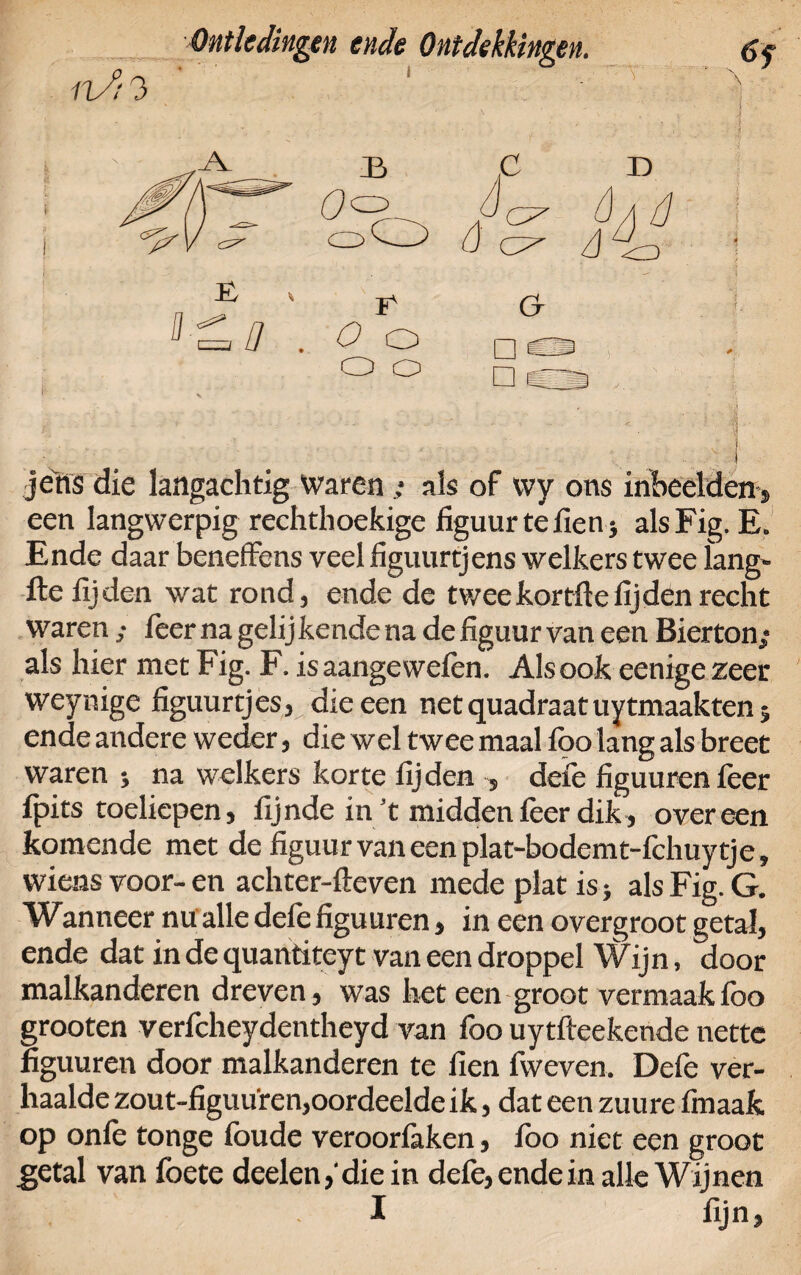 n/t 3 —Y JV £ 35 ÖO r O o o o 4 c C?7 D Cr □ □ je'ns die laagachtig Waren/ als of vvy ons inbeelden-, een langwerpig rechthoekige figuur te fien; alsFig. E. Ende daar beneffens veel figuurtjens welkers twee lang- ftefijden wat rond, ende de tweekortftelijden recht Warenfeer na gelijkende na de figuur van een Bierton/ als hier met Fig. F. isaangewefen. Alsook eenigezeer weynige figuurtjes, die een net quadraat uy tmaakten j ende andere weder, die wel twee maal foo lang als breet waren ; na welkers korte fijden , defe figuuren feer fpits toeliepen, fijnde in ’t midden feer dik, over een komende met de figuur van een plat-bodemt-fchuy tje, wiens voor- en achter-fteven mede plat is > als Fig. G. Wanneer nu alle defe figuuren, in een overgroot getal, ende dat in de quantiteyt van een droppel Wijn, door malkanderen dreven, was het een groot vermaak foo grooten verfcheydentheyd van foo uytfteekende nette figuuren door malkanderen te fien fweven. Defe ver¬ haalde zout-figuu'ren,oordeelde ik, dat een zuure fimaak op onlè tonge foude veroorfaken, foo niet een groot getal van foete deden,'die in defe, ende in alle Wijnen