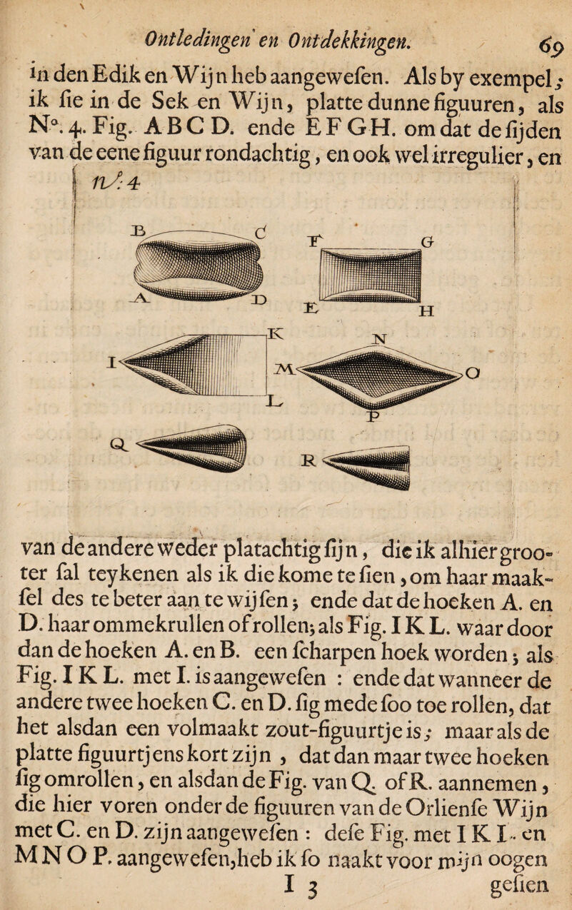 in den Edik en Wij n heb aangewefen. Als by exempel; ik heinde Sek en Wijn, platte dunne figuuren, als N°. Fig. ABC D. ende EF GH, omdat de lijden van de eene figuur rondachtig, en ook wel irregulier, en ( nd- 4 v. van deandereweder platachtigfijn, dieik alhiergroo- ter fal teykenen als ik die kome te fien, om haar maak- fel des te beter aan te wij fenj ende dat de hoeken A. en D. haar ommekrullen of rollen; als Fig. IK L. waar door dan de hoeken A.enB. een feharpen hoek worden; als Fig. IK L. met I. is aangewefen : ende dat wanneer de andere twee hoeken C. en D. fig mede foo toe rollen, dat het alsdan een volmaakt zout-figuurtjeis; maaralsde platte figuurtjens kort zijn , dat dan maar twee hoeken fig omrollen, en alsdan deFig. vanQ. ofR. aannemen, die hier voren onder de figuuren van de Orlienfe Wijn met C. en D. zijn aangewelèn : defe Fig. met IK I* en M N O P. aangewefen,heb ik fo naakt voor nfijn oogen
