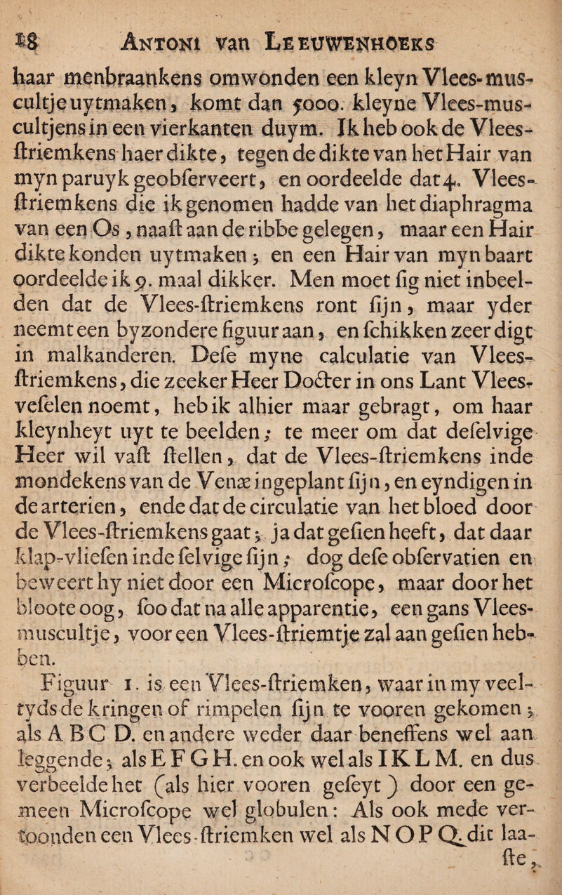 haar menbraankens om wonden een kleyn Vlees-mus- cultjeuytmaken, komt dan yooo. kleyne Vlees-mus- cultjens in een vierkanten duym. Ik heb ook de Vlees- ftriemkens haer dikte, tegen de dikte van het Hair van mynparuykgeobferveert, en oordeelde dat4. Vlees- ftriemkens die ik genomen haddevan hetdiaphragma van een Os , naaft aan de ribbe gelegen, maar een Hair dikte konden uytmaken > en een Hair van myn baart oordeelde ik 9. maal dikker. Men moet fig niet inbeel¬ den dat de Vlees-ftriemkens ront fijn, maar yder neemt een byzondere figuur aan, enfchikkenzeerdigt in malkanderen, Defe myne calculatie van Vlees- ftriemkens, die zeeker Heer Dofrer in ons Lant Vlees- vefelen noemt, heb ik alhier maar gebragt, om haar kleynheyt uyt te beelden; te meer om dat defelvige Heer wil vaft ftellen, dat de Vlees-ftriemkens inde mandekens van de Venae ingeplant fijn, en eyndigen in de arteriën, ende dat de circulatie van het bloed door de Vlees-ftriemkens gaat 5 ja dat geilen heeft, dat daar Idap-vliefen inde fel vige fij n; dog defe obfervatien en beweert hy niet door een Microfcope, maar doorliet blooteoog, ibodatnaalleapparentie, een gans Vlees- mitscultje, voor een Vlees-ftriemtje zal aan gefien heb¬ ben. - ' ■ : 1- Figuur 1. is een Vlees-ftriemken, waar inrny veel- tydsde kringen of rimpelen fijn te vooren gekomen y als A BC D. en andere weder daar beneffens wel aan leggende^ alsEF GR en ook wel als IK LM. en dus verbeelde het (als hier vooren geièy t ) door een ge¬ meen Microfcope wel globulen: Als ook mede ver¬ toonden een Vlees ftriemken wel als NOP Q. die laa- fte ’