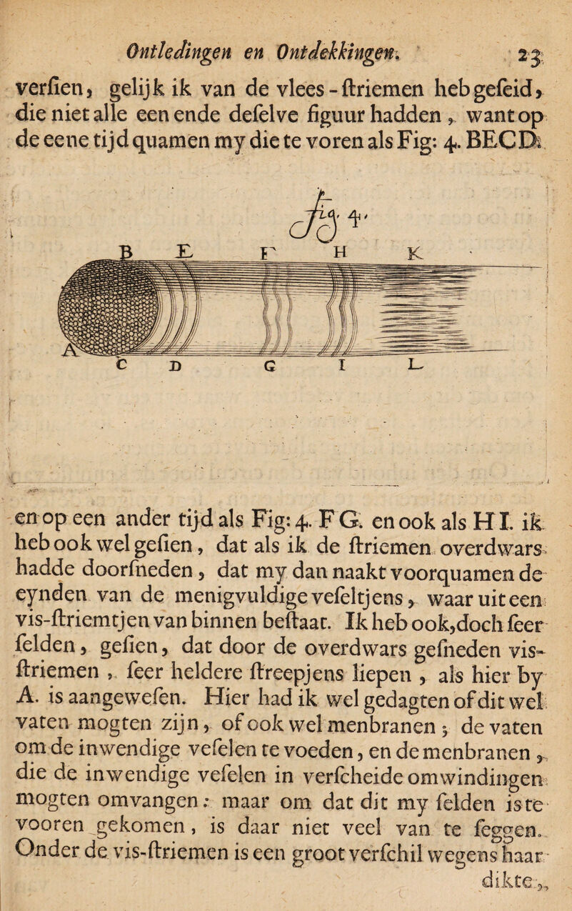 Ontledingen en verlien, gelijk ik van de vlees - ftriemen heb geleid} die niet alle een ende defelve figuur hadden, want op de eene tijd quamen my die te voren als Fig: 4. BECDt r t , ■ ... ■ ■■ . ' en op een ander tijd als Fig: 4. F G. en ook als HI. ik heb ook wel geilen, dat als ik de ftriemen overdwars» hadde doorfneden , dat my dan naakt voorquamen de- eynden van de menigvuldige vefeltjens, waar uiteen vis-ftriemtjen van binnen beftaat. Ik heb ook,doch feer fielden, gefien, dat door de overdwars gefineden vis* ftriemen , leer heldere ftreepjens liepen , als hier by A. is aangewelèn. Hier had ik wel gedagten of dit wel vaten mogten zijn, of ook wel menbranen > de vaten om de inwendige vefelen te voeden, en de menbranen, die de inwendige vefelen in verficheide omwindingen mogten omvangen: maar om dat dit my fielden iste vooren gekomen, is daar niet veel van te leggen. Onder de vis-ftriemen is een groot verfichil wegens haar
