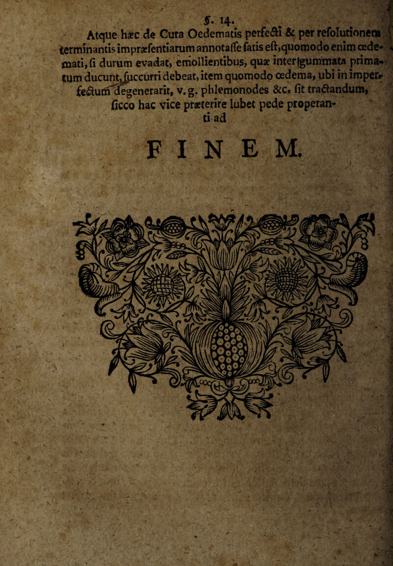 §• 14« > .< :! Atque haec de Cura Oedematis perfeci & per refolurionena j terminantis impraefentiarum annotaflfe fatis eft,quomodo enim oede¬ mati, fi durum evadat, emollientibus quae inter (gummata prima* tum ducunt Juccurri debeat, item quomodo oedema, ubi in imperr fe&unfciegenerarit, v. g. phlemonodes &c> fit tradandum, ficco hac vice praeterire lubet pede properan- ' . A ti ad < '' ■ - tJ FINEM. S ’ . f ^ i v ^ ^ i ' _ i