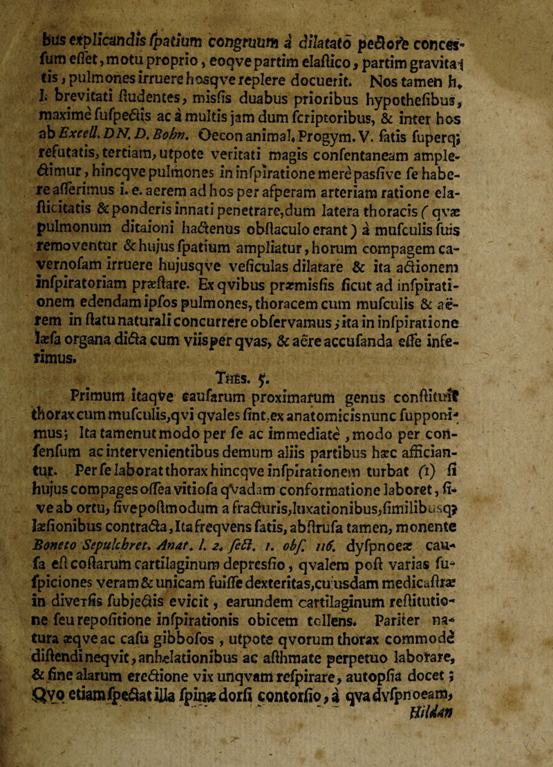 btis explicandis fpatium congruum a dilatato peflorfe concti- furti eflet,motu proprio 5 eoovepartim elaflico , partim gravital lis, pulmones irruere hosqve replere docuerit. Nos tamen h* 1* brevitati Audentes, roisfis duabus prioribus hypothefibus, maxime fufpe&is ac a multis jam dum fcriptoribus, & inter hos ab ExceU. DN. D, Bobn. Oecon animal. Progym. V. fatis fuperqj refutatis, tertiam, utpote veritati magis confentaneam ample- ^imur> hincqve pulmones in infpiratione merepasfive fe habe¬ re aflerimus i. e. aerem ad hos per afperam arteriam ratione ela- fticitatis & ponderis innati penetrare,dum latera thoracis ( qvae pulmonum ditaioni ha&enus obflaculo erant) a mufculis fuis removentur & hujus fpatium ampliatur, horum compagem ca~ yernofam irruere hujusqve veficulas dilatare & ita adioneni infpiratoriam praeflare. Ex qvibus pr*misfis ficut ad infpirati- onem edendamipfos pulmones, thoracem cum mufculis & ae¬ rem in flatu naturali concurrere obfervamus ,* ita in infpiratione Ixfa organa di<5te cum viisper qvas, & aere accufanda effe infe¬ rimus. Tues. y. Primum itaque caufarum proximarum genus conflituit thorax cum mufculis,q vi qvales fintex anatomicisnunc fupporn* mus; Ita tamenutmodo per fe ac immediate ,modo per con- fenfum ac intervenientibus demum aliis partibus hstc affician¬ tur. Perfe laborat thorax hincqve infpirationem turbat (i) fi huj*us compages offea vitiofa qVadarn conformatione laboret, ii- veab ortu, fivepoftrnodum a fra&uris,kjxationibu5,fimilibusq? kfionibus contrada,Itafreqvens fatis, abflrufa tamen, monente Boneto Sepulcbreti Attat. I. 2* ftft. /. obf. u6. dyfpncesc cau* fa efl coftarum cartilaginum depresfio, qvalera poft variae fu* fpiciones veram & unicam fuiffe dexteritas,cuusdam medicaftra? in diveifis fubjedis evicit, earundem cartilaginum reflitutio- ne feurepofitione infpirationis obicem tollens* Pariter na* tura asqveac cafu gibbofos , utpote qvorumthdra* commode diflendineqvit,anhelationibus ae aflhmate perpetuo laborare, & fine alarum eredione vix tinq vatii tefpirare, autopfia docet % ^vo eriamfpeSatilla fpinsedorfi contorfio, ai qvadYfpnoeam,