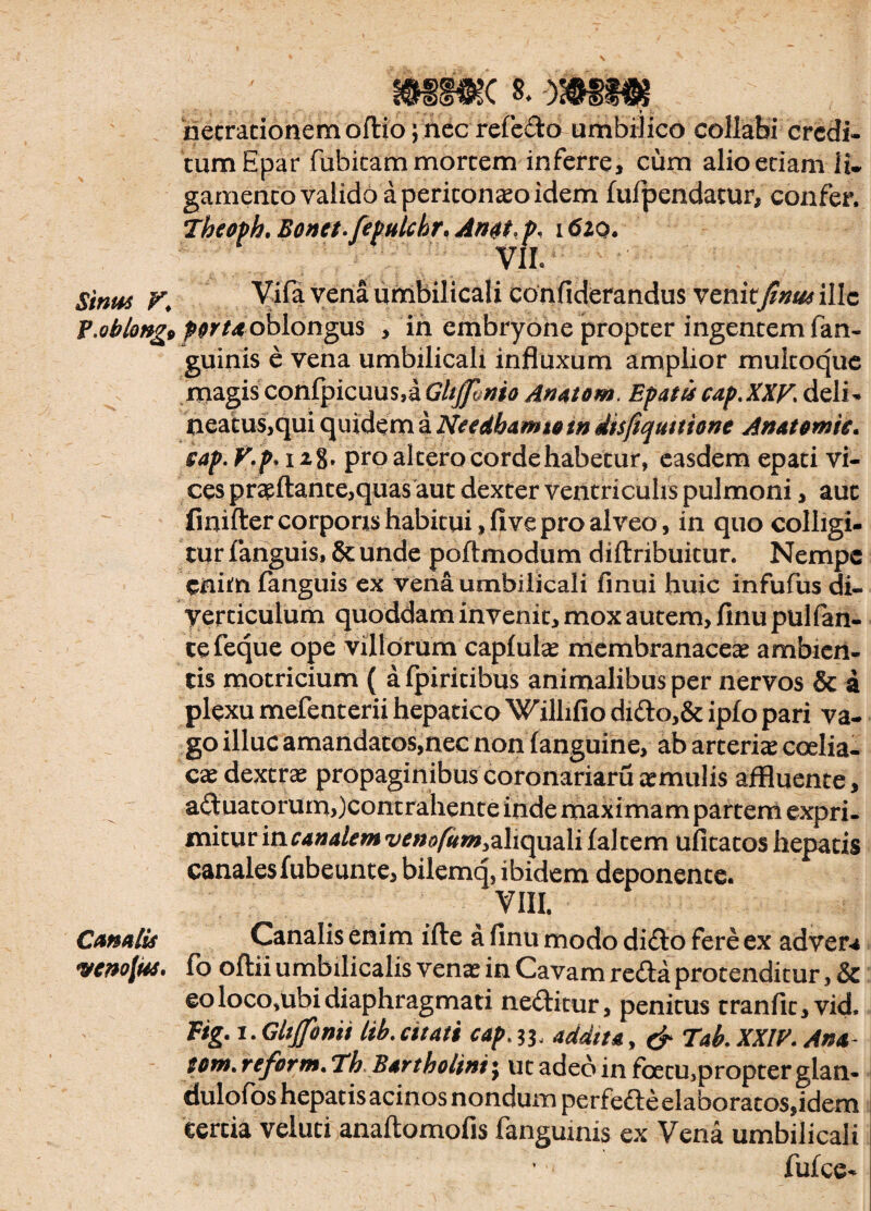 hecracionemoftio; nec refefto umbilico collabi credi- tumEpar fubicam mortem inferre, cum alio edam ii- gamento valido a peritonaso idem fufpendamr, confer, Jheoph.Bonet.fepHlcbr.An^t.p, i 6zq. V1L Sinus V\ Vifa vena umbilicali confiderandus venitfinu* ille P.oblong* pvrtaoblongus , in embryone propter ingentem fan- guinis e vena umbilicali influxum amplior mukoque magis confpicuus,aGltjfmio Anatom. Epatiscap.XXV\ deli- neatus,qui quidem a Needbannotn disftquttione An&tcmie. sap. V.p* 128. pro altero corde habetur, easdem epati vi¬ ces praeftante,quas aut dexter ventriculis pulmoni, aut finifter corporis habitui, five pro alveo, in quo colligi¬ tur fanguis, & unde poftmodum diftribuitur. Nempe enim fanguis ex vena umbilicali finui huic infufus di¬ verticulum quoddam invenit, mox autem, finu pulfan- cefeque ope villorum capfute membranacea ambien¬ tis motricium ( a fpiritibus animalibus per nervos & a plexu mefenterii hepatico Wilhfio di&o,& ipfo pari va¬ go illuc amandatos,nec non (anguine, ab arterias coelia¬ cas dextras propaginibus coronariam asmulis affluente, a£t uatorum,)contrahente inde maximam partem expri¬ mitur i ncanalem ^»^/Zp«i,aliquali faltem ulitatos hepatis canales fubeunte, bilemq, ibidem deponente. Canalis Canalis enim ifte a flnu modo di£lo fere ex adver* wno\us. fo oftii umbilicalis venas in Cavam reda protenditur, & eoloco,ubidiaphragmati ne&itur, penitus tranfit,vid, Fig. 1. Gltjfonii lib. citati cap. 33, addita, & Tak XXIV. Ana iom. reform. Th Bartholini; ut adeo in foecu,propter glan- dulofos hepatis acinos nondum perfefte elaboratos,idem tertia veluti anaftomofis fanguinis ex Vena umbilicali fufee*