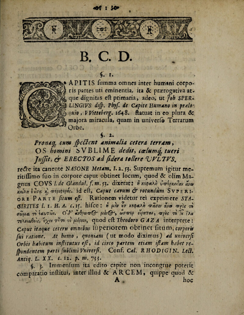 L «0^ I B. C. D. §♦ r. APITIS fumma omnes inter humani corpo¬ ris partes uti eminentia, ita & praerogativa at¬ que dignitas efl: primaria, adeo, ut Joh 5P£R- LINGIVS dijp. ?hyf, de C4pite UumAtia in pralo- quh, VVitteherg, 1(^48. ftatnat in eo plura Sc majora miracula, quam in univerfb Terrarum Qrbe* $• PronM^ cum Jpc^ent ammalU cetera, terram ^ O S homini 6 V B LI M E dedita coelum tueri Juffity & ERECTOS ad ftdera tollere VFLTFS. recfl-e ita canente NdSONE Metam^ Supremum igitur mc- ritiffimo fuo in corpore caput obtinet locum, quod Sc olim Ma¬ gnus COVS l.de GUndul, dixerat: n/c^ipccAi) v^ifKdJcu Kokii I Kcrct ^ id efl. Caput cavum & rotundum S v p e r r- ORE Parte fitum efl. Rationem videtur rei exprimere STA- GIRITES /. I. H. A, C^if, hifce : « fch iv Kf(pA^r) 'nra.<Tiv £va (rw|W6fc To lavrav» ^vBpeo^Q-' ^or©^, o)<r^^p liftiTeUf ro % c^te quod eft Theodoro GAZA interprete : Caput itaque cetertf omnibus liiperiorem obtinet Gtum, corporis fui ratione. At hemo , quoniam (ut modo diximus) ad univerfi Orbis habitum infiitutus efly id circo partem etiam ifiam habet re¬ condentem parti fuhlimiVnherfi, Conf. Cal, RHODIGIN. Leli, Antiq. L. XX, c. 11. p. m, 735. §. 5, immenfum ita edito capite non incongrue poterit comparatio inftitui, inter illud & ARCEM, quippe quod Sc A , hoc