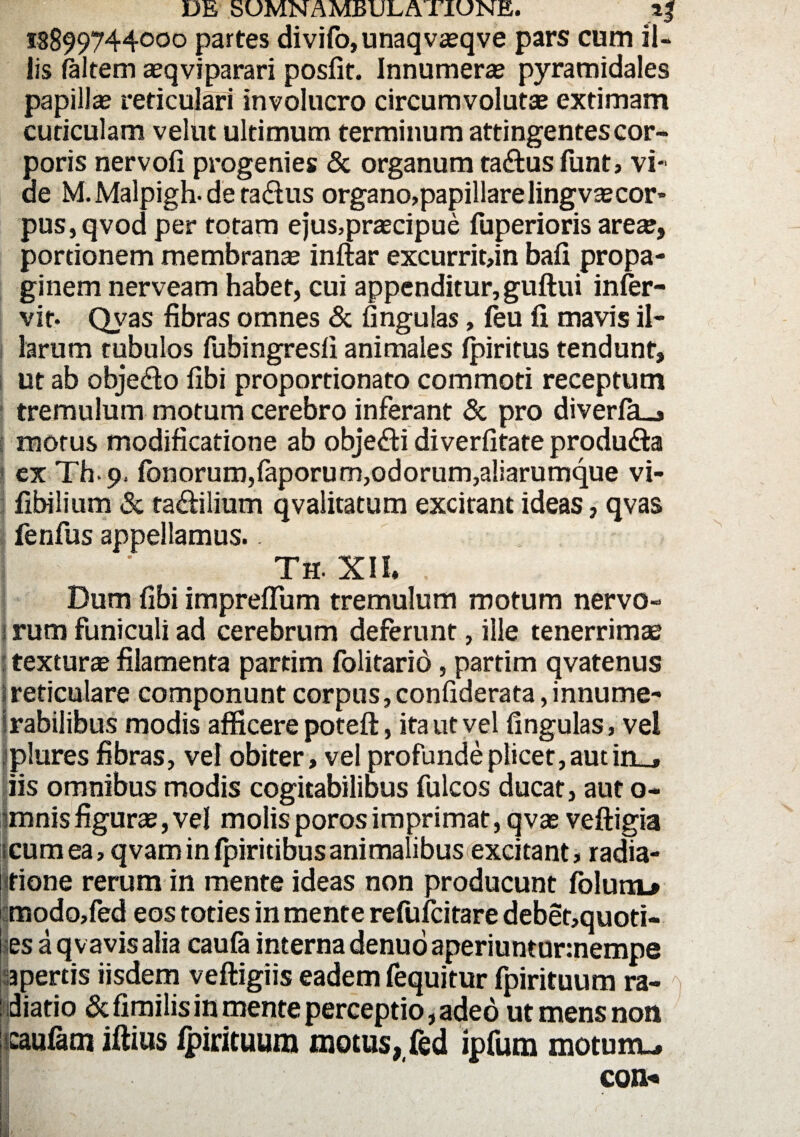 13899744000 partes divifo,unaqvasqve pars cum il¬ lis faltem aeqviparari posfit. Innumeras pyramidales papillas reticulari involucro circumvolutas extimam cuticulam velut ultimum terminum attingentescor- poris nervoii progenies & organum ta&us funt, vi¬ de M. Malpigh- de ta&us organo,papillare lingvascor» pus,qvod per totam ejus,prascipue fuperioris areas, portionem membranas inftar excurriwn bafi propa¬ ginem nerveam habet, cui appenditur, guftui infer- vit. Qvas fibras omnes & finguias, feu fi mavis il¬ larum tubulos fubingresfi animales fpiritus tendunt, ut ab obje&o fibi proportionato commoti receptum tremulum motum cerebro inferant & pro diverla_* morus modificatione ab objeci diverfitate produ&a ex Th.9. fonorum,faporum,odorum,aliarumque vi- fibilium «5c ta&ilium qvalitatum excitant ideas, qvas fenfus appellamus. - Th. XII. . Dum fibi impreflum tremulum motum nervo- 1 rum funiculi ad cerebrum deferunt, ille tenerrimae | texturae filamenta partim folitario, partim qvatenus i reticulare componunt corpus, confiderata, innume¬ rabilibus modis afficere potefl:, ita ut vel finguias, vel plures fibras, vel obiter, vel profundeplicet,autin_, iis omnibus modis cogitabilibus fulcos ducat, aut 0- imnis figuras, vel molis poros imprimat, qvas veftigia 1 cum ea, qvam in fpiritibus animalibus excitant, radia- itione rerum in mente ideas non producunt folunu :modo,fed eos toties in mente relulcitare debet,quoti- es a qvavis alia caula interna denuo aperiuntur:nempe apertis iisdem veftigiis eadem fequitur fpirituum ra- ) diatio & fimilis in mente perceptio, adeo ut mens non icaufam iftius fpirituum motus, fed ipfum motum-, con- i