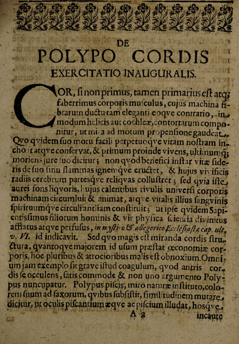 D£ POLYPO CORDIS I EXERCITATIO INAUGURABIS. £ ' ‘ - ■ r 7 - *^ • Ai - * *' N jf \r? -•> '' » . COR, fi non primus, tamen primarius eft atq; faberrimus corporis mufculus, cujus machina fi¬ brarum ducturam eleganti eoqve contrario,dn_» modum helicis aut cochlea?,con tortarum compo. nitur» ut mira ad motum propenfionegaudeat-,, Qvo qvidemfuo motu facili perpetuoqve vitam noftram in¬ choat atqveconfcrvat,& primum proinde vivens, uJtjmumqj „ morieris jure (uo dicitur j non qvod benefici infiar vitte fidks- risdefuo finu flammasignemqve eriufret, & hujus vivificis radiis cerebrum partesqve reliqvas collufiret 5 fed qyia jfte^ aurei fonsliqvoris, hujus calentibus rivulis univerfi corporis machinam circumluit & animat, atqve vitalis illius fangvinis fpirituumqve circuli antliam conftituitf utipfe qvidemSapi- entisfimus filiorum hominis & vir phyfica kieiuia divinitus affiatusatqve perfufus, in nyfii^o & aU(gorico£cclcjia(!gcap, utt, v. Vl. id indicavit. Sed qvo magis eft miranda cordis ftru? ffura.qvantoqyemajorem id ufum pratftat peconojnite cor¬ poris, hoc pluribus &atrocioribus mulis efiobnoxium.Qmni? umjamexemploficgraveifiudcoagulum, qvod antris cor» dis fe occulens, fatis commode & non uno argumento Poly¬ pus nuncupatur. Polypus pifcjs, miro naturae inftituto,colo¬ rem fuum ad fagorum, qvibus fubfiftit, fimilitudinem mutare dicitur; ut qculispifcamiumaeqve ac pjfciumilludat, hosqvo