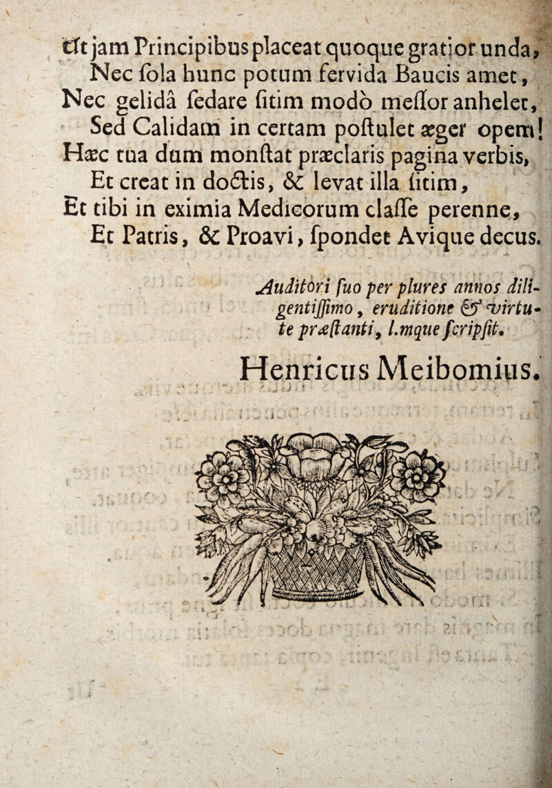 tXt jam Principibus placeat quoque gratior unda, Nec fola hunc potum fervida Baucis amet, Nec gelida fedare fitim modo meifor anhelet. Sed Calidam in certam poftulet seger opem! H#c tua dum monftat praeclaris pagina verbis, Et creat in do6tis, & levat illa (itim. Et tibi in eximia Medicorum claiTe perenne. Et Patris, & Proavi, fpondet Avique decus. ■ ' \ •. ,, . . . | Auditori fuo per plures annos dili- gentiffimo, eruditione virtu¬ te pr£[tanti, l.mque fcripfit.• Henricus Meibomius* •  . >' . - j j . * i ‘ / i . '