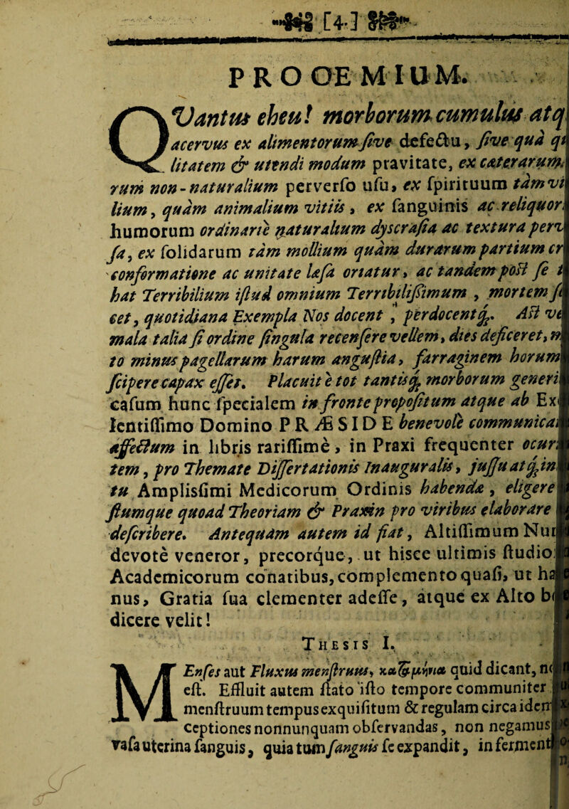 PROOEMIUM. V' > * •*>*. _ 1 •. . .. v* - . OVantm eheu! morborum cumulus atq acervus ex alimentorumfive defe&u, five qua qt litatem & uttndi modum pravitate* ex cateraruntA rum non-naturalium perverfo ufu> ex fpirituum tamvt lium, quam animalium vitiis , ex fangumis ac reliquor, humorum ordinarie yaturaltum dyscrafia ac textura peri fa> ex folidarum tam moUium quam durarum partium cr confirmatione ac unitate lafa oriatur > ac tanaempoU fi t hat Terribilium i/lud omnium Tembilifiimum , mortem Jt cet, quotidiana Exempla Nos docent , perdocentAH ve mala talia fi ordine fingula recenfire vellem, dies dejicerett n. to minus pagellarum harum anguftia, farraginem horum fcipere capax ejfit. Placuit e tot tantis% morborum generi cafum hunc Tpecialem in fronte propofitum atque ab Ex< Icntiffimo Domino P R SID E benevole communicai affectum in libris rariffime > in Praxi frequenter ocur, tem, pro Themate Dijfirtattonis Inauguralis, jufiuatcjjn tu Amplisfimi Medicorum Ordinis habenda, eligere ftumque quoad Theoriam & Praxin pro viribus elaborare defiribere. Antequam autem id fiat, Altiflimum Nurl devote veneror, precorque, ut hisee ultimis ftudiof Academicorum conatibus,complcmentoquafi, ut ha nus, Gratia fua clementer adeffe , atque ex Alto b< dicere velit! Thesis I. Enfes aut Fluxus meuftruusi K&fepwict quid dicant, n(j rfai Meft. Effluit autem liato iflo tempore communiter menftruum tempusexquifitum & regulam circa ide ccptionesnonnunquamobfervandas, non negamus vafa uterina fanguis 9 quia tum fanguis fc expandit, in fermen*