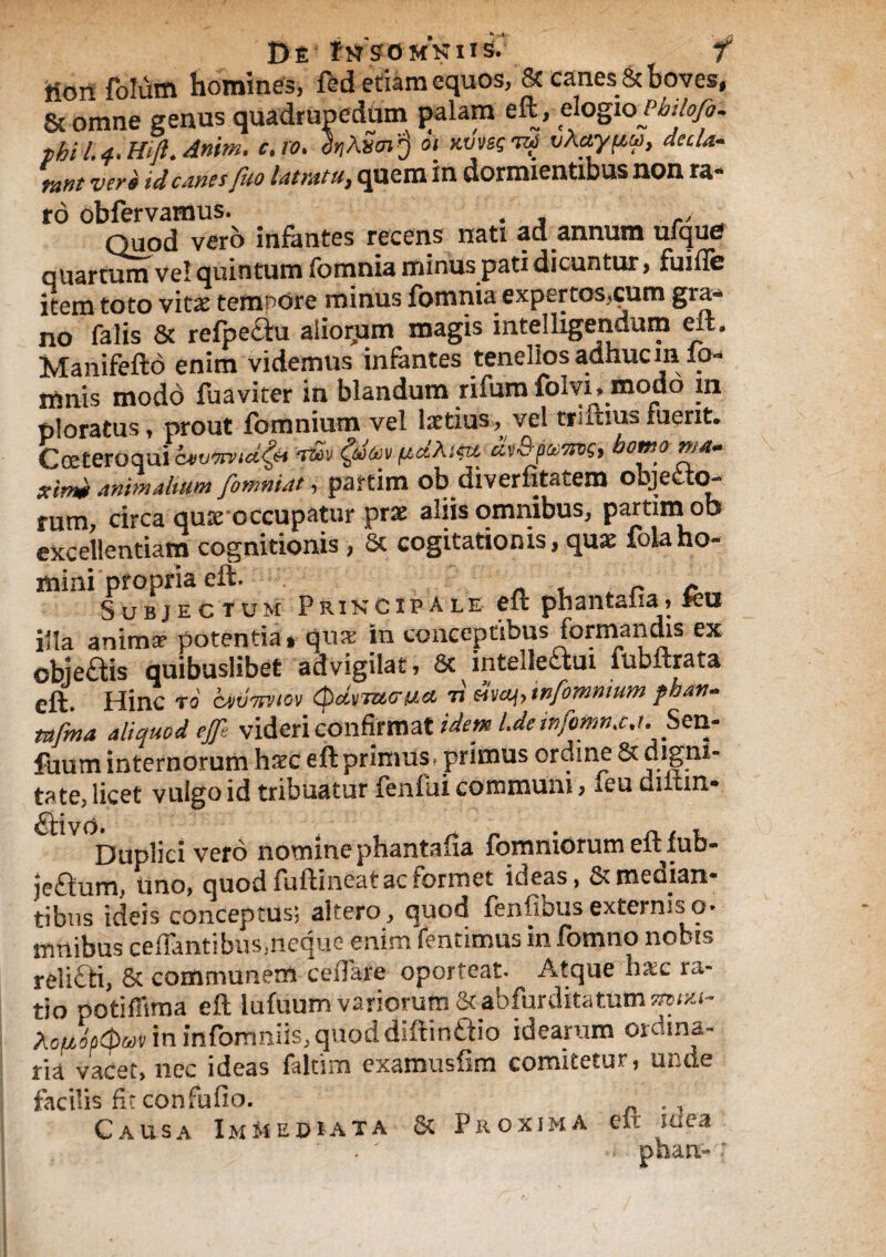 D t SO MNII & f mn Colum homines, fedetiiim equos, & canes & boves, 6c omne genus quadrupedum palam eft, elogio Pbdofo» phi 1.a.HiJi. Anim, c,ro. ot KVvsgndZ vkuypw, dccla~ rant vere id emes fuo latmtu} quem in dormientibus non ra~ ro obfervamus. 4 Quod vero infantes recens nati ad annum ufque quartum vel quintum fomnia minus pati dicuntur, fuifie item toto vitae temnore minus fomnia expertos,cum gra* no falis & refpe£tu aliorum magis intelligendum eit, Manifefto enim videmus infantes tenellos adhuc m ip- mnis modd fuaviter in blandum rifum folvi* modo in ploratus, prout fomnium vel laetius, vel tnitms fuerit. Cceteroqui cvvvmct^ei t&> y fatov {£ctAicu dvSp&otvg) omo Xtrm Animahum fomniat, panim ob diverfitatem objecto- rum, circa quae occupatur prae aliis omnibus, partina ob excellentiam cognitionis , 5c cogitationis, quae foiaho¬ mini propria eft. A r + Subjectum Principale eft phantafia, ku illa anima? potentia* qux in conceptibus formandis ex objeftis quibuslibet advigilat, 8c intellectui mbiirata eft. Hinc ro cviJ7mcv (pdm&<r&a ri &vcy> infomnium fhan* tufma aliquod ejjl videri confirmat idem IJeinfomn jj.Szn* fuum internorum haec eft primus, primus ordine & digni¬ tate, licet vulgo id tribuatur fenfui communi, feu diitin- Duplici vero nominephantafia fomniorumeftfub- jeftum, tino, quod fuftineat ac formet ideas, & median¬ tibus ideis conceptus; altero, quod fenfibusexterrn^o* mnibus ceffantibus,neque enim fentimus in fomno nobis relicti, 8t communem ceffate oporteat. Atque h&c ra¬ tio ootiffima eft lufuum variorum 8cabfurditatum sraiw- Ao/uoptpvv in infomniis,quoddiftindio idearum ordina¬ ria vacet, nec ideas faltim examusfim comitetur, unae facilis fiteonfufio. Causa Immediata fic Proxima eft idea