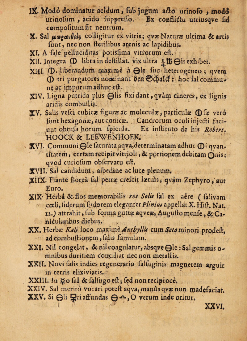 JX. Modo dominatur acidum, fufc jugum aflo urinofo , mod<5 urinofum , acido fuppreffo. Ex conflidfu utriusqve fai compofitmn nt neutrum* X. Sal p&gavBeis colligitur ek vitris; qvae Naturae ultima & artis funt, nccnon Herilibus arenis ac lapidibus. XI. A faie pelluciditas potisfima vitrorum eft. XII. Integra © libra in deftiliat. vix ultra ©is exhibet. XIII- (D- liberandum maxime a ©le fuo heterogeneo ; qvens © tri purgatores nominant Sert ©$alcf f hoc laicommu* ne ac impurum adhucefL XIV. Ligna putrida plus ©lis fixi dant, qyam cineres, ex lignis aridis eombuftis. 5 XV. Salis vefci cubicse figurae ac molecular, particulae ©fae verd funt hexagonae,aut conicse. Cancrorum oculi inje&i faci¬ unt obtufa horum fpicula. Ex inftituto de his Robertf 'hOOCK & LEEWNHOEK. > v XVI. Communi ©lefaturataaqva,determinatam adhuc ©Iqvam ~' titatedi* certam recipit vitrioli ,& pprtiopem debitam ©ais s qvod curiofum obfervatu efh XVII. Sal candidum, albedine ac luce plenum. XilX Flante Borjea fal petras crelci| laetius, qvam Zephyro ,‘aut l'- |mro. • v • * XIX* flerbi <Sc-flos memorabilis ros Solis fal ex aere ( falivam coeli, fidpruin fhdprem eleganter Ffimtu appellat X. Hiff Nat, 11.) attrahit, fub forma guttae aqve», Augufto m.enfe, & Ca¬ nicularibus diebus, XXo Herbae Kdj- loco maxime Anfbyllis cum Ssto minori prodeft, ' ad combuftionem, falis famulam. XXI. Nil congelat, & nil coagulatur, absqveQle: Sal gemmis o- mnibus duritiem conciliat nec non metallis. XXII. Novi falis indies regeneratio falfuginis magnetem arguit in terris elixi viatis. XXIII. In go fai & falfugo eft; fed non reciproce. XXIV. Sal merito vocari poteft aqva* manus qvae non madefaciat. XXV* Si ©li Sri affundas ©-«=*, O verum inde oritur. * f ■ 1 f XXV!.