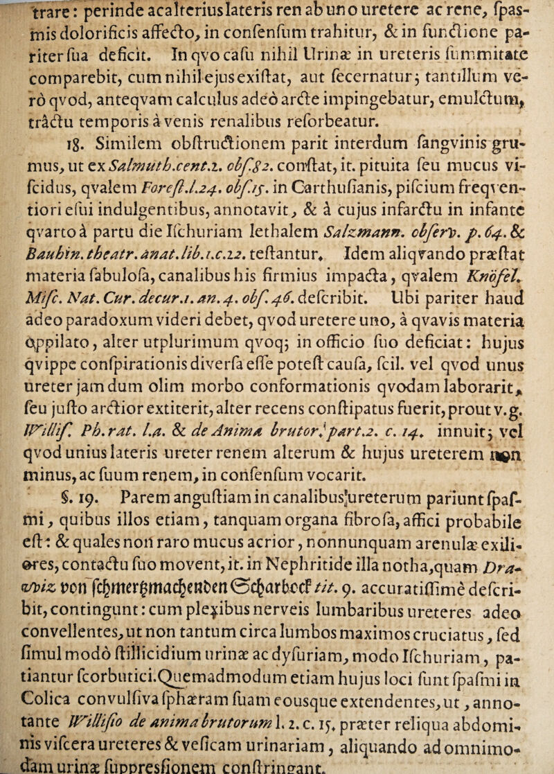 'trare: perinde acalteriuslateris ren ab uno uretere ac rene, (pas- misdolorificis affedo, in confenfum trahitur, &in fundiene pa¬ riter Pua deficit. In qvocafu nihil Urinte in ureteris funimitate comparebit, cum nihil ejus exiftat, aut fecernatur$ tantillum ve¬ ro qvod, anteqvam calculus adeo arde impingebatur, emuldum, tr&du temporis avenis renalibus reforbeatur. ig. Similem obftrudionem parit interdum (angvinis-gru¬ mus, ut ex Salmuth.cent.x.cbfS2. condat, it. pituita feu mucus vi- fcidus, qvalem Foreft.l.24. obf.15. in Carthufianis, pifeium freqven- tioriefui indulgentibus, annotavit, & i Cujus infardu in infante qvartoti partu dieifehuriam lethalem Salzmann. cbferit. p. 64.8c Baubin. theatr. anat.Ub.i.c.zi. teflantur. Idem aliqvando praefiat materia fabulola, canalibus his firmius impada, qvalem Knofel. Mifc. Nat. Cur. decur.i. an. 4. obf 46. deferibit. Ubi pariter haud adeo paradoxum videri debet, qvod uretere uno, a qvavis materia oppilato, alter utplurimum qvoq; in officio fuo deficiat: hujus qvippe confpirationis diverfa effe poteft caula, fcil. vel qvod unus ureter jam dum olim morbo conformationis qvodam laborarit, (eu jufto ardior extiterit, alter recens conftipatus fuerit, prout v.g. IVillif. Ph.rat. l.a. & de Anima brutor} part.2. c. 14. innuit j ycl qvod unius lateris ureter renem alterum & hujus ureterem non minus, ac fuum renem, in confenfum vocarit. §.19. Parem anguftiam in canalibus’ureterum pariuntfpaf- mi, quibus illos etiam, tanquamorgana fibrofa,affici probabile eftt & quales noil raro mucus acrior, nonnunquam arenula: exili¬ ores, contadu fuo movent, it. in Nephritide illa notha,quam Dra- <m>iz uen fc^mer$mac^€Ht)entit. 9. accuratiflime deferi¬ bit, contingunt: cum plebibus nerveis lumbaribus ureteres adeo convellentes, ut non tantum circa lumbos maximos cruciatus, fed fimul modo ftijlicidiurfi urina ac dyfuriam, modo Ifchuriam, pa¬ tiantur fcorbutici.Quemadmodum etiam hujus loci funt fpafmi in Colica convulfivafpharam fuam eousqueextendentes,ut, anno¬ tante WiUifio de ammabrutorum L 2. c. ly. prater reliqua abdomi¬ nis vifcera ureteres & veficam urinariam, aliquando ad omnimo¬ dam urinas fuDDresfionetn conftrinrant.