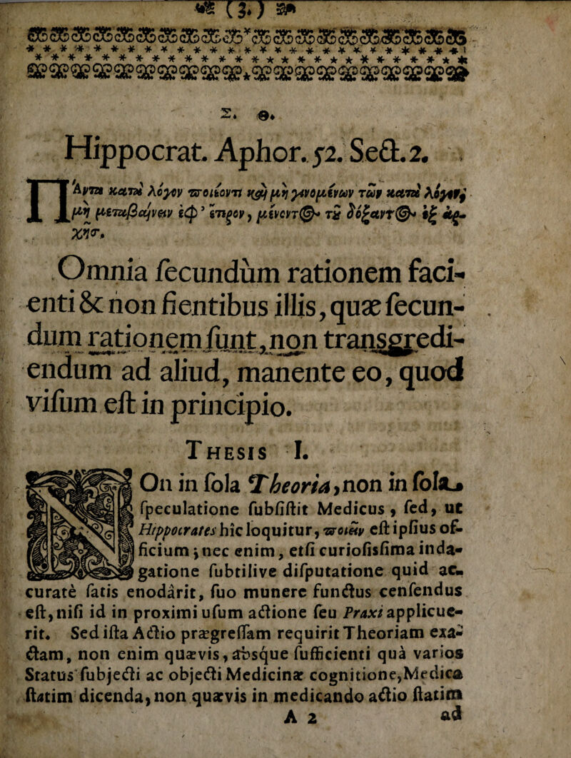 «£ ( *■ #*'**#***#..#..#. a.#.**-*.*.******#*.#! * * * * * ****** **************** £&®&%3?&%g?%^®&®gegBggg?g?se» 2. ». Hippocrat. Aphor. 52. Se&.2. nA|/7a K#7a$ Aiyw Txroibow ^fttj ytvoptwv tuv nctnl A4? ptTufiojv&v eCp3 higcy, pcivon©* t£ <io£ctvr@* h£ kg. m<r> Omnia fecundum rationem faci¬ enti $c non fientibus illis, quae fecun¬ dum rationem funt ,non transgredi- endum ad aliud, manente eo, quod vifum eft in principio. Thesis I. On in fola TheorU, non in foIaL* fpeculatione fubfiftit Medicus , fed, ut Hippocrates hic loquitur, t&qchv eft ipfius of¬ ficium y nec enim, etfi curiofisfima inda* _ _ __gatione fubtilive difputatione quid ac. curate fatis enodarit, fuo munere fumftus cenfendus eft,nifi id in proximi ufum adtione (eu /Vax* applicue¬ rit, Sedilia Adiio pr^grelfam requirit Theoriam exa¬ ctam, non enim quaevis,absque fufficienti qua varios Status fubjedi ac objedli Medicinar cognitione,Medica ftitim dicenda,non quaevis in medicando a<3io ftatim A 2