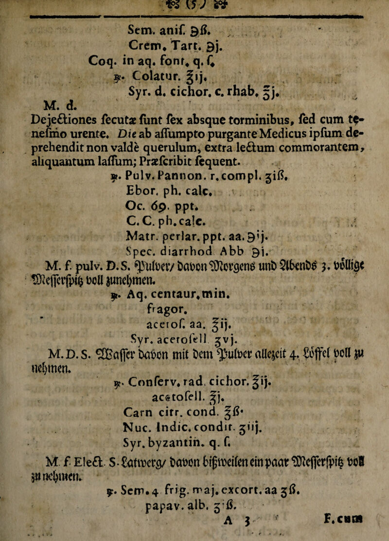 Sem. anif. 9>fl. , Crem, Tart, 3j. Coq. in aq, fonr4q. f4 Colatur. 3;ij« Syr. d, cichor, c. rhab, 5 j. M. d. ' Dejeftiones fecutae font fex absque torminibus, led cum t$- nefmo urente. Die ab affumpto purgante Medicus ipfum de¬ prehendit non valde querulum, extra le&um commorantem, aliquantum laflum; Pratfcribit fequent. ». Pulv. Pannon. r.compl. gitf. Ebor. ph. cale, Oc. 69. ppt* C.C. ph.calc. Matr. periar, ppt. aa. 9’*j. Spec. diarrhod Abb 9i. M. f. pulv. D.S. sjMmv uni) 2lbwi>$ ; boli juncl>men, 9. Aq. centaur,min. fragor. acetof. aa. gij. Syr. acerofell. gvj. M. D. s. 3£ajfcr bafom mit t>em $ufoer allcjeit 4. Sojfet Poli ju uefymen, / b v 9?. Cnnferv* rad= cichor. ^ij. acstofell. Carn cirr. cond. ^6* Nuc. Indic, condirgiij. Syr. byzantin. q. f* M f Eleft S-fMms/ ifttom btfiDcitencinpaar $fteflerfpi$ t>cB 9?. Sem. 4 frig. maj. excort, aa gfi, papav. alb. g’6, A } F.cuoi