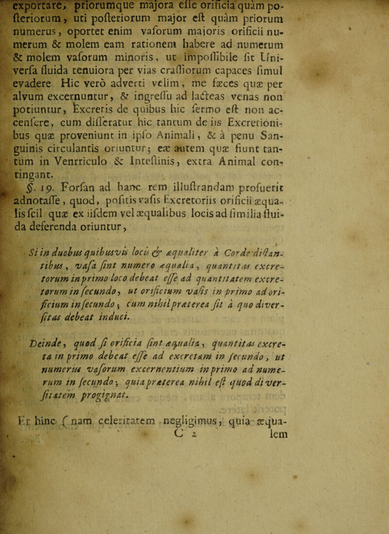 exportare, priorumque majora elie orificia quam po- fteriorum, uti pofteriorum major eft quam priorum numerus, oportet enim vaforum majoris orificii nu¬ merum & molem eam rationem habere ad numerum & molem vaforum minoris, ut ini po ili bile fit Uni- verfa fluida tenuiora per vias crafliorum capaces Timui evadere Hic vero adverri velim, me feces quae per alvum excernuntur, & ingreffu ad ladteas venas non potiuntur, fcxcreris de quibus hic fermo eft non ac- ce n fer e, cum differatur hic tantum de fis Excretioni- bus quas proveniunt in ipfo Animali, & a penu San¬ guinis circulantis oriuntor $ eae autem quae fiunt tan¬ tum in Ventriculo 8c Inteflinis, extra Animal con¬ tingant. §. ip. Forfan ad hanc rem illuftrandam profuerit adnotaffe, quod, pofitisvafis Excretoriis orificii sequa- lisfcil quas ex nfdem vel aequalibus locis ad fimilia flui¬ da deferenda oriuntur, . {■ ■ *. , \ ' . * . ■ \ Si in duobus quibusvis locis & aquali ter a Cor dediti an¬ tibus , vafia fint numero aqualia , quantitas excre¬ torum inprimo loco debeat effie ad quantitatem excre¬ torum in fecundo, ut orificium vafis in primo ad ori¬ ficium infecundo 5 eum nthil praterea Jit a quo dtver- fit as debeat induci. Deinde, quod fi orificia fint a qualia, quantitas excre¬ ta in primo debeat efje ad excretam in fecundo, ut numerus vaforum excernentium in primo ad nume¬ rum in fecundo y quiaprxterea nihil e fi quod di ver - fi extern progignat. Et hinc (nam celeritatem negligimus, quia asqua- ' C 1 leni