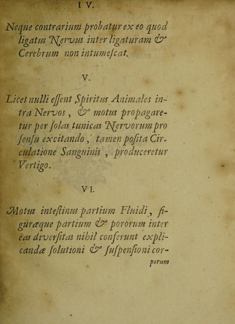 Neque contrarium probatur ex eo quod ligatus TSpervus inter ligaturam & Cerebrum non intumejcat. v. '■ ''Tv Licet nulli ejjent Spiritus Animales in¬ tra Nervos , & motus propagare- \ tur per fotas tunicas ISferv orum pro fenfu excitando, tamen pofit a Cir» culaiione Sanguinis , produceretur ' Vertigo. * r vi. FMotrn inteflinus partium Fluidi, yf- gura que partium & potorum inter eas diverfitas nihil conferunt expli¬ canda folutioni CT jufpenfoni cor- forum