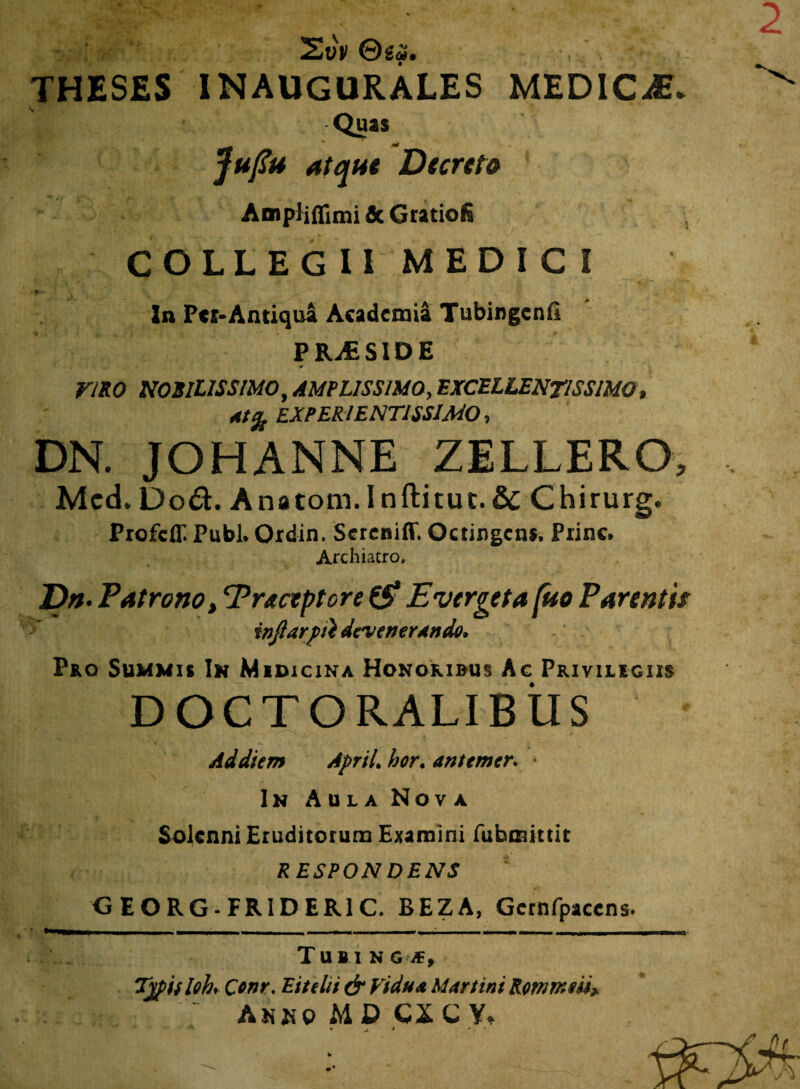 ©ia. , . THESES INAUGURALES MEDICA ff Quas Ju/su atque Decreto Ampliffimi & Gratiofi COLLEGII MEDICI f%•=» i» ' . - — '14- In Pti-Antiqua Academi! Tubingcnli PR^SIDE VIRO NOBILISSIMO, AMPLISSIMO, EXCELLENTISSIMO, 4t% EXPERIENTISSIMO, DN. JOHANNE ZILLERO, Mcd. Dod. Anatom.Inftitut. & Chirurg. Profcff. Pubi. Ordin. Sereniflf. Octingens. Ptinc. Archiatro. Dn- Patrono t Eraceptore & E verget a fuo Parentis inftarpii devenerando* Pro Summis In Medicina Honoribus Ac Privilegiis DOCTORALIBUS Ad diem ApriL hor. antemer. • In Aula Nova Solenni Eruditorum Examini fubmittit RESPONDENS * G EORG-FR1DER1C. BEZA, Gernfpaccns. Tubi n gte, Typifloh Conr, Eitelti & Fidum Martini Rowrxm* MIAV* awq mdcicy,