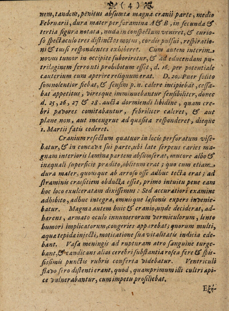 mrn, tandem,peratus abCumta magna cranii parte , medi& Februarii^ dura mater per foramina A& E ,infecunda (f tertia figura notata y nuda in confectum veniret, cf curio- fi feciaculo Ires dijiin&os mqpus , cordis -pitlfui % refiiratw* ni& tus fi rejbondcntes exhiberet. Cum autem interime novus tumor in occipite(aborire tur,(y ad educendam pu- trilaginem ferro uti prohibitum e fit , d. 16\ per potent tale cauterium eum aperire reliquum erat, D. 20. Puer fo/ito fimmlentior fiebat, (f fenfim p. n. calere incipiebat , ceffie¬ bat appetitus y Vir es que imminuebantur fienfibditer, donec d. 2$, 26 y 27 (f 2g,auSa dormiendi libidine r quam cre¬ bri patores comitabantur y febrilis er caleret, (f aut plane non, aut wcengrue ad quafita re (ponderet y die que 1. Martii fatis cederet* Cranium refeci uni qua tuor in locis perforatum vife- batur,& in concaVa fui parte,ubi late ferpens caries ma¬ gnam interioris lamina partem abfiumferat, mucore albo if in squali fuperficte pr&ditOyoblkum erat / quo cum etiam^ dura mater* quamque ab arrofo offie adhuc tecla erat/ ad flraminis cras (hiem obdulca ejfcty primo intuitu pene eam hoc loco exulceratam dixijfemus: Sed accuratiori examine adhibito, adhuc integra, omnis que Ufionis expers invenie¬ batur. Magma autem huic (f cranio,unde deciderat, ad- harens, armato oculo innumerorum Vermiculorum, lente humori implicat orum ^congeries apparebaty quorum multi* aqua tepida injcB'h motis asione fu a vitalitatis indicia ede¬ bant. Vafa meningis ad rupturam atro fsnguine turge¬ bant,& candicans alias cerebrifubflantiarofea feretfiJpis- fisfimis punclis rubris conferta Videbatur. Ventriculi favo firo diftenti erant, quod, quamprimum illi cultri api¬ ce vulnerabantur y cum impetu profliebat.