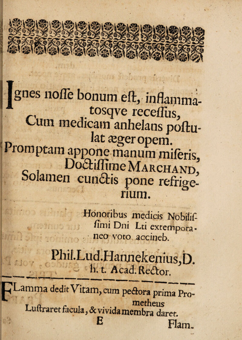 5i I Ignes iiofle bonum eft, inflamma- ^ tosqve receflus, ^uin medicam anhelans poftu- 15 lat^geropem. l romptam appone manum miferis, ^ DofitiflimeMARCHAND, bolamen cun61;is pone refrige¬ rium. ^ ' ' t * Honoribus medicis Nobilif- fimi Dni Lti exteitipofa* , . ■ neo voto accineb. H. t, Acad. Reditor. ,D. 'PLamtna dedit Vitam, cum peftora prima I.uftraretfacula,&vmdamembra daret E Fiam.
