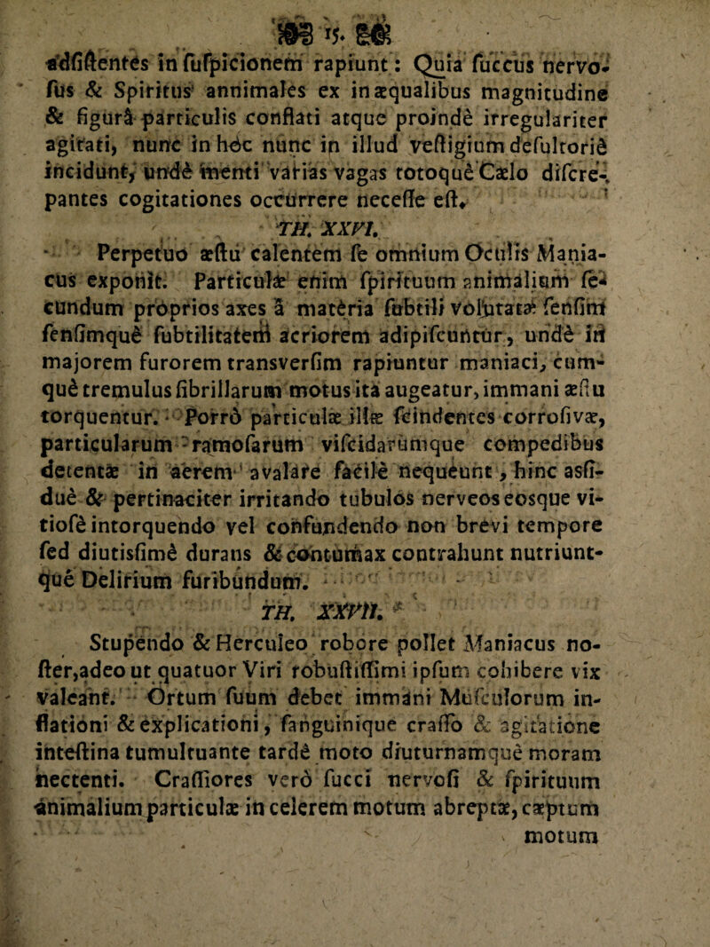sfdfiftentes in fufpicionefn rapiunt: Quia fucetis nervo* fus & Spiritus' annimales ex inaequalibus magnitudine & figurS particulis conflati atque proinde irregulariter agitati, nunc in hoc nunc in illud veftigium defulrorid incidunt, und£ menti varias vagas totoque Caelo difere- pantes cogitationes occurrere neceffe e(h TH. XXVI. f. i * * Perpetuo aeftii calentem fe omnium Oculis Mania¬ cus exponit. Particulae eriim fpirftuum ?.nimali«m fe* eundum proprios axes a materia fubttli voiiitats fenfint fenfimque fubtilitaterii acriorem adipifcuhtur, urid£ iri majorem furorem transverfim rapiuntur maniaci, cum- qu& tremulus fibrillarum motus ita augeatur, immani aefi u torquentur. Porrd particulae ilis fcindentes corrofivae, particularum - ramofarum vifddarumque compedibus detentae in aerem ’ avalare facile nequCunt, hinc asfi- due & pertinaciter irritando tubulos nerveoseosque vi- tiofe intorquendo vel confundendo non brevi tempore fed diutisfim£ durans &dohturisax contrahunt nutriunt- « * ■. p que Delirium furibundum. f TH. XXVtl. * Stupendo & Herculeo robore pollet Maniacus no- fter,adeout quatuor Viri robuftiffimi ipfum cohibere vix valeant. Ortum fuum debet immani Mufculorum in¬ flationi & explicationi, fahguinique craffo & agitatione inteftina tumultuante tardd moto diuturnamque moram nectenti, Crafliores vero fucci nervofi & fpirituum ‘animalium particulae in celerem motum abreptse,caeptum