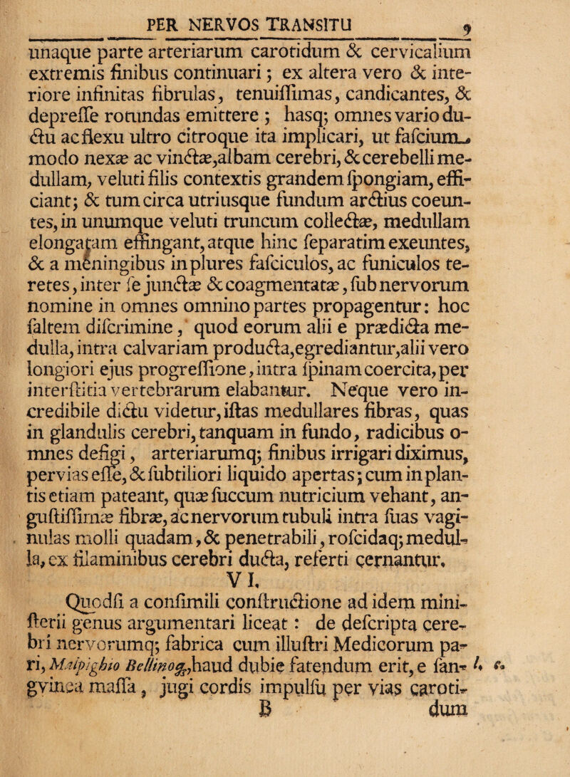 unaque parte arteriarum carotidum & cervicalium extremis finibus continuari; ex altera vero & inte¬ riore infinitas fibrillas, tenuiffimas, candicantes, & deprefle rotundas emittere ; hasq; omnes vario du- <flu ac flexu ultro citroque ita implicari, ut fafciuittj modo nexa? ac vindte,albam cerebri, & cerebelli me¬ dullam, veluti filis contextis grandem Ipongiam, effi¬ ciant; & tum circa utriusque fundum arctius coeun¬ tes, in unumque veluti truncum colle&se, medullam elongabam effingant, atque hinc feparatim exeuntes, & a meningibus inplures fafciculos, ac funiculos te¬ retes, inter ie juncte & coagmentata;, fub nervorum nomine in omnes omnino partes propagentur: hoc faltem dilcrimine, quod eorum alii e pnedi&a me¬ dulla, intra calvariam produtta,egrediantur,alii vero longiori ejus progreffione,intra ipinam coercita, per interffitia vertebrarum elabantur. Neque vero in¬ credibile dictu videtur,iftas medullares fibras, quas in glandulis cerebri, tanquam in fundo, radicibus o- mnes defigi, arteriarumq; finibus irrigari diximus, pervias efle,& fabriliori liquido apertas; cum in plan¬ tis etiam pateant, qua;faecum nutricium vehant, an- guftiffiuue fibrae, ac nervorum tubuli intra faas vagi¬ nulas molli quadam,& penetrabili,rofcidaq;medul-> Ia, ex filaminibus cerebri dudta, referti cernantur, VI. Quodfi. a confimili conftru&ione ad idem mini- fterii genus argumentari liceat: de deferipta cere¬ bri nervorumq; fabrica cum illuftri Medicorum pa¬ ri, Miipigbio Be/linoglkmi& dubie fatendum erit, e lan- A gvinea mafla, jugi cordis impulfa per vias carotis B dum