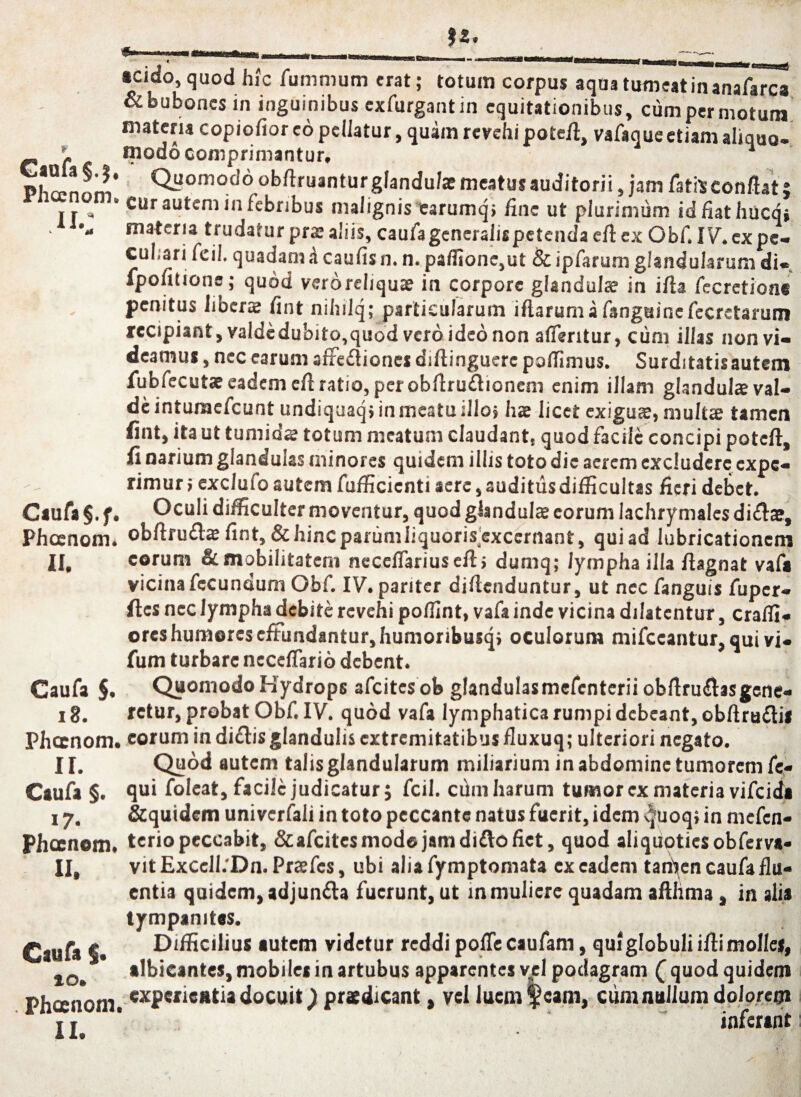 n «eido, quod hic fummum erat; totum corpus aqua tumeat in anafarca & bubones in inguinibus exfurgantin equitationibus, cum permotum materia copiofior eo pellatur, quam revehi potefi, vafaque etiam aliquo. J, modo comprimantur, 1 Phmnom* <^omod6 ob^mantur glandu/ae meatus auditorii, jam fata- conflat; • cur autem in febribus malignis earumq > flnc ut plurimum id fiat hucq» •a materia trudatur pra? aliis, caufa generalis petenda eft ex Obf, IV. ex pe- cul.ari fcil. quadam ,i caufis n. n. paffione,ut & ipfarum glandularum di* fpofitione; quod verorehquae in corpore glandulae in ifla fecretione penitus liberae fint nihilq; particularum iftarumafangainefecretarum recipiant, valdedubito,quod vero ideo non afleritur, cum illas non vi¬ deamus , nec earum srFe&ioncs diftinguerc polTimus. Surditatisautem fubfecutse eadem eft ratio, per obfirufhoncm enim illam glandulas val¬ de intumcfcunt undiquaq; in meatu illo» hae licet exigua, mult^ tamen fint, ita ut tumida totum meatum claudant, quod facile concipi poteft, fi narium glandulas minores quidem illis toto dic aerem excludere expe¬ rimur jexclufoautem fufficienti aere,auditusdifficultas fieri debet. Caufa §. f. Oculi difficulter moventur, quod glandulas eorum lachrymales di£lae, Phcenom. obftru&ae fint, & hinc parum liquorisexcernant, qui ad iubricationem II, eorum Scmobilitatem neceflariusefli dumq; lympha ilia flagnat vafa vicina fecundum Obf. IV. pariter diflenduntur, ut nec fanguis fuper» fies nec lympha debite revehi polfint, vafa inde vicina dilatentur, cralfi- ores humores effundantur, humoribusq; oculorum mifccantur, qui vi- fum turbare neceflario debent. Quomodo Hydrops afeites ob glandulasmefenterii obrtrufiasgene- retur, probat Obf. IV. quod vafa lymphatica rumpi debeant, obftruftis Phcenom. eorum in difiis glandulis extremitatibus fluxuq; ulteriori negato. II. Quod autem talis glandularum miliarium in abdomine tumorem fe- Caufa §. qui folcat, facile judicatur; fcil. cum harum tumor ex materia vifeida 17. &quidem univerfali in toto peccante natus fuerit, idem v]uoq; in mefen- Phcenom. teriopeccabit, &afcitesmod©jamdiflofiet, quod aliquoties obferva- IJt vitExcell.Dn. Praefes, ubi aliafymptomata ex eadem tari^en caufa flu¬ entia quidem, adjun&a fuerunt, ut in muliere quadam aftlima, in alia tympanites. Caufa C. Difficilius autem videtur reddi pofle caufam, qmglobuli iflimolies, 1Q albicantes, mobiles in artubus apparentes vel podagram f quod quidem Phcenom, «xPcricatia docuit) praedicant, vel luemfeam, cum nullum dolorem j| * . inferant Caufa 5« 18.