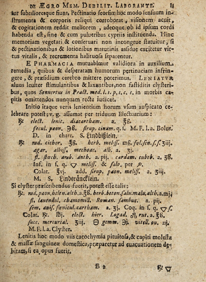 BE ®GRO MeM. DEBUIT. tASORAMTEr H iur fijbtilioresque fiunr» Pe&inatio feorfim hoc modo fenfuum in- (frumenta & corporis'reliqui corroborat, vifionem acuit9 & cogitationem reddit meliorem , adeoque eb id ipfum cordi habenda eft, fine Sc cum pulueribus cypriis inftitiienda. Hinc memoriam vegetari & conieruari non incongrue ftatuitur, fi & pe&inationibus & lotionibus matutinis asfidue excietur vir* tus vitalis, & recrementa halituofa feparemur. E Pharmacia mutuabimur validiora in auxilium^ remedia, quibus & defperatam humorum pertinaciam infrin* gere , & praefidium- cerebro mittere poterimus. Le'n i atvr; aluus leuiter ftlmulantibus & laxantibus,non faftiditis clyfteri» bus, quos Stnnertus in fraR. med.l./.p, i.c. s, in morbis ca¬ pitis omittendos nunquam re&e iuqicat. Initio itaque veris lenientium horum vfum auspicato ce¬ lebrare poteft ; v. g. adornat per triduum Electuarium: eleB. lenit. diacartbam. a. § fi. fetui, paon. 96» firup. tinum, q. fi M. F, l.a. Bolus» D. in charr. S. £tn6bi§(dtt. rad. debor. §g. berb. mehjfi. mfi.fol.fieb.fi. fipfufi agar, albifi mechoac. alb, a. jj. fl. ftcecb. arab. anth. a. pij. , cardam, tubeb. a, 3&> Inf. in fi q. melijf. & fido. per p. - Colat, f vj. add. firup. pao», melijf. a. Jiij, M. s, gin&ttancfkin. Si clyfter prafferibendus fuerit, poteft eiTe talis: rad.paon.hekn.alth berb.beton.falu.malu.altb.a.m\^ fi, Uuendul, cbamomill, Roma», fiambut. a. .pij. fem, anif. ftenicul. cartbam. a. jj. Coq. in fi q, rj fi Colat. ?fi. 16 j. eleB. hier. Ltgad. 0° rut. a. fucc. mercurial. giij» © gemm. 9j. vittll. ou, nj,' M.F.l.a.Clyfter. Lenitis hoc modo viis cacochymia pituito6,& capiti molefta & mada: faaguiueae domeftica,praeparetur ad euacuationera de*? jbitaoj»fi ea, opus fueriyt, ’ ' ■** N