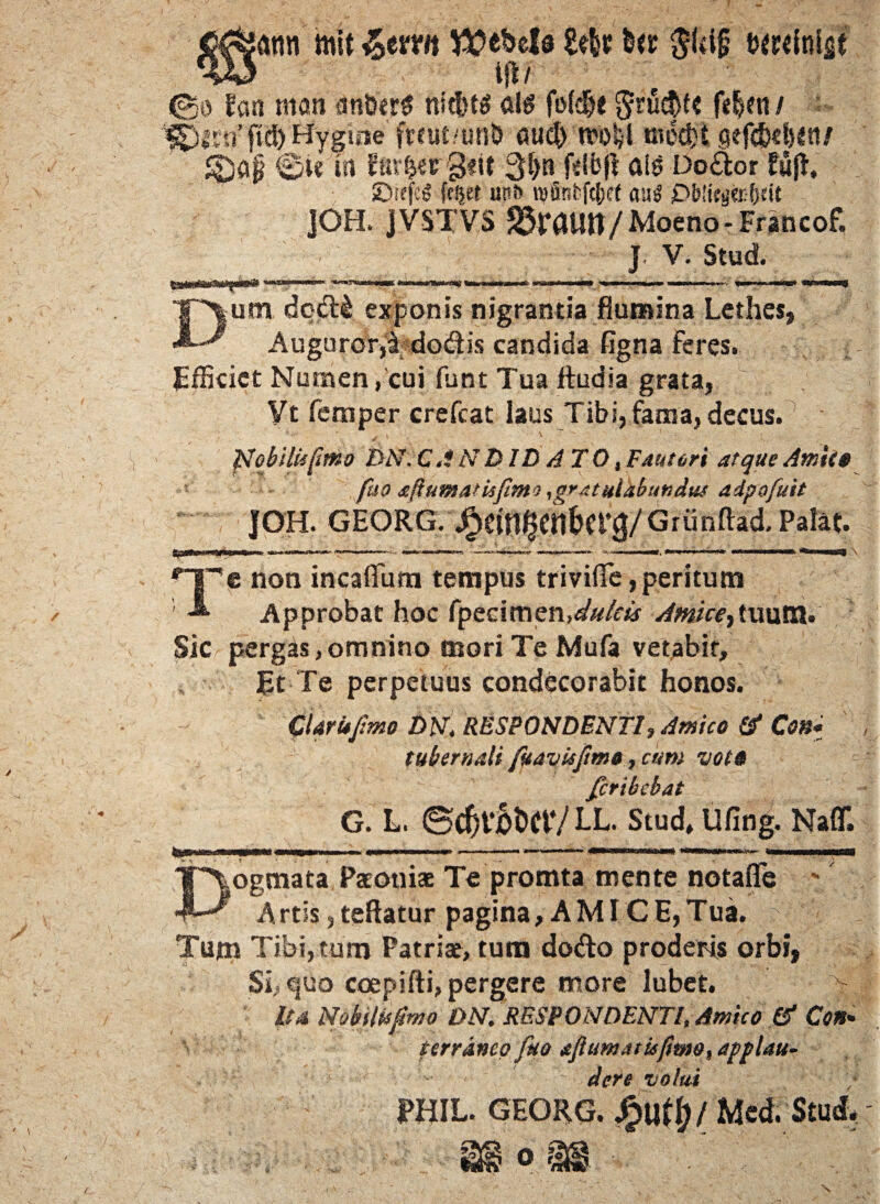 totrn mit £crv« ¥0thtU Ut $hi§ eminet i\\i 0o Ean man iinfeer$ nfd)t^ ais foldje $ru$f« feljen / fSDiin fid) Hygiae fmu/unO oud) troi-l t»cc$ gefdjtljtn/ $)aji 0t« in Ear^r§?it 31>n fdbji ais Do&or fufl* SDiefcS ffijet uni> wfir<tfc[jef au$ jDWKga-Jwft ]OH. JVSTVS S5P(Ultt/Moeno -Francof. J V. Stud. Dum dqd& exponis nigrantia flumina Lethes, Auguror,idodis candida figna feres. Efficiet Numen, cui funt Tua ftudia grata, Vt femper crefcat laus Tibi, fama, decus. y i V Httftmo BN. CJNBIDATOt Fautori atque AmU$ fuo aftumatisjimo,gratulabundus adpofuit ]OH. GEORG. j£dn$ffl&ei*g/Grunftad.Pafct. SUnUUnmri na ■» iiiwriM’iWi' ,*>wuww«im <- i «i» > • a**? -m>-»n»»»a Jhn « •» m im> •• e non incaflura tempus trivifle,peritum Approbat hoc fpedmen,<sfo/«ir Amice ttuum. Sic pergas,omnino mori Te Mufa vetabit. Et Te perpetuus condecorabit honos. CUruJmo DN. RESPONDENTI, Amico & Con- tubernali fuavisfimo tcum voto fcribcbat G. L. 6d)t‘j0t>CtY hL. Stud, Ufing. Na(T. IPBW» mnmmm mmim I —II - —• —» —~ 1 1 ■ .... TT\ogmata Pxotiiae Te promta mente notafle ' ^ Artis ,teftatur pagina, AMICE,Tua. ? Tum Tibi, tum Patriat, tum dodo proderis orbi, Si, quo coepifti, pergere more lubet. V It a Nobilis fimo DN. RESPONDENTI. Amico & Con• ter rimo fuo afiumatUfiwo, applau¬ dere volui PHIL. GEORG. JMed. Stud* i )*£ i < sas o g