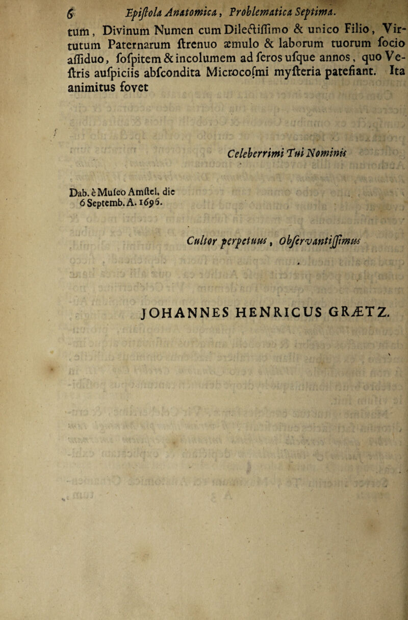 tum, Divinum Numen cumDileftiffimo & unico Filio, Vir¬ tutum Paternarum ftrenuo xmulo & laborum tuorum focio affiduo, fofpitem & incolumem ad feros ufque annos, quoVe- ftris aufpiciis abfcondita Microcofmi myfteria patefiant. Ita animitus fovet Celeberrimi Tui Nominis Dab. eMufeo Amftel. dic 6Scptcmb.A. 1696. Cultor perpetuus, obfervantijfmus JOHANNES HENRICUS GR^ETZ.