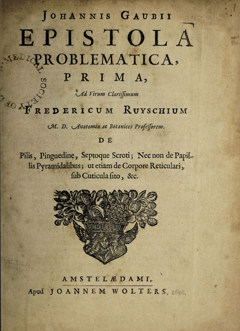 Johannis Gaubii EPISTOLA ^ROBLEMATICA, ^ PRIMA, te O o r<v l3? I_s4d Virum Clarijfimum TREDERieilM RUYSCHIUM D. <^Anatomix ac Botanices Profeffbrem. D E Filis, Pinguedine, Septoque Scroti; Nec non ut etiam lub Cuticula fito rtT* \ A M S T E L M D A M r.