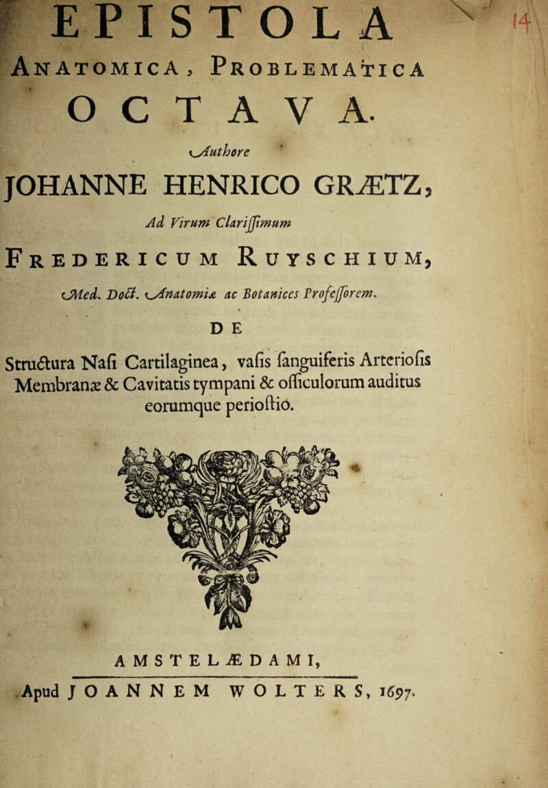 EPISTOLA '4 \ Anatomica, Problematica OCTAVA. K^Authore ► JOHANNE HENRICO GRiETZ, Ad Virum Clarijjtmum Fredericum Ruys chium, CMed* Doff* i^Anatomia ac Botanices Trofcjforem. DE Stru&ura Nafi Cartilaginea, vafis fanguiferis Arteriolis Membranas & Cavitatis tympani & offieulorum auditus eorumque perioftio. AMSTEL1DAM1, Apud JOANNEM WOLTERS, 165)7.